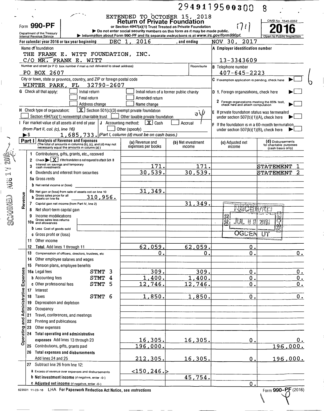 Image of first page of 2016 Form 990PF for The Frank E Witt Foundation
