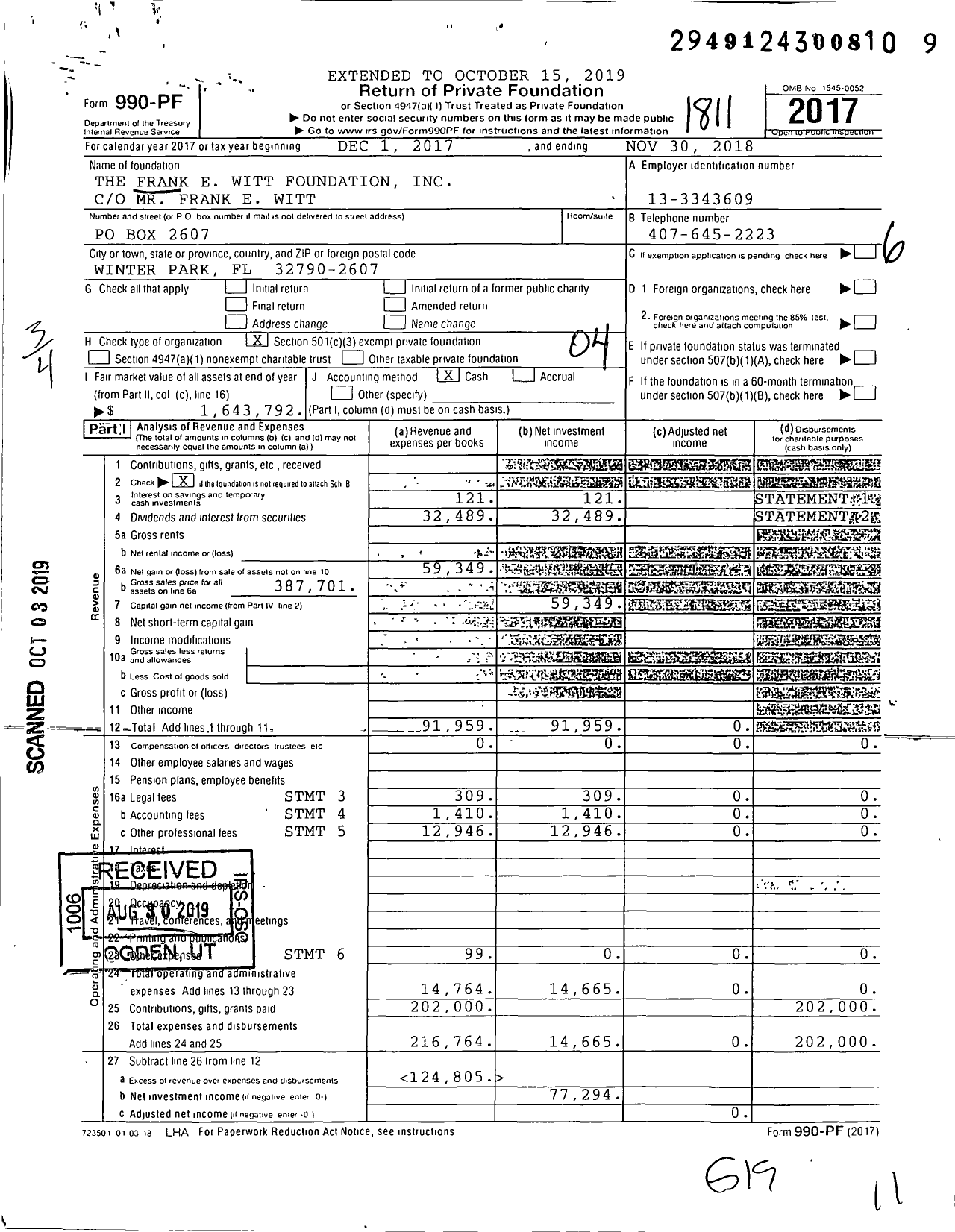 Image of first page of 2017 Form 990PF for The Frank E Witt Foundation