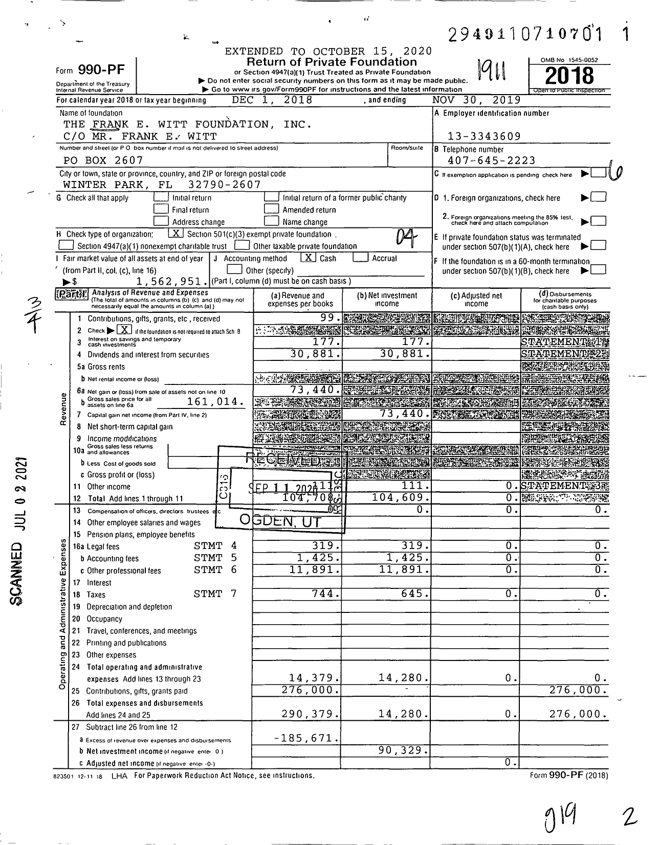 Image of first page of 2018 Form 990PF for The Frank E Witt Foundation
