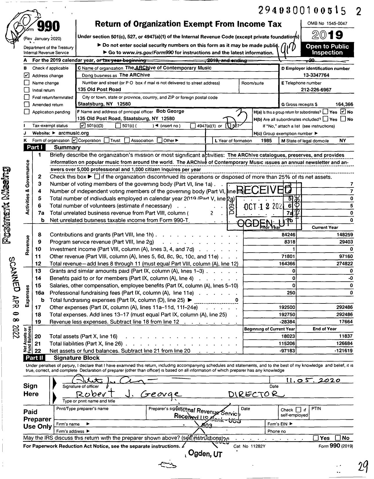 Image of first page of 2019 Form 990 for The ARCHIVE