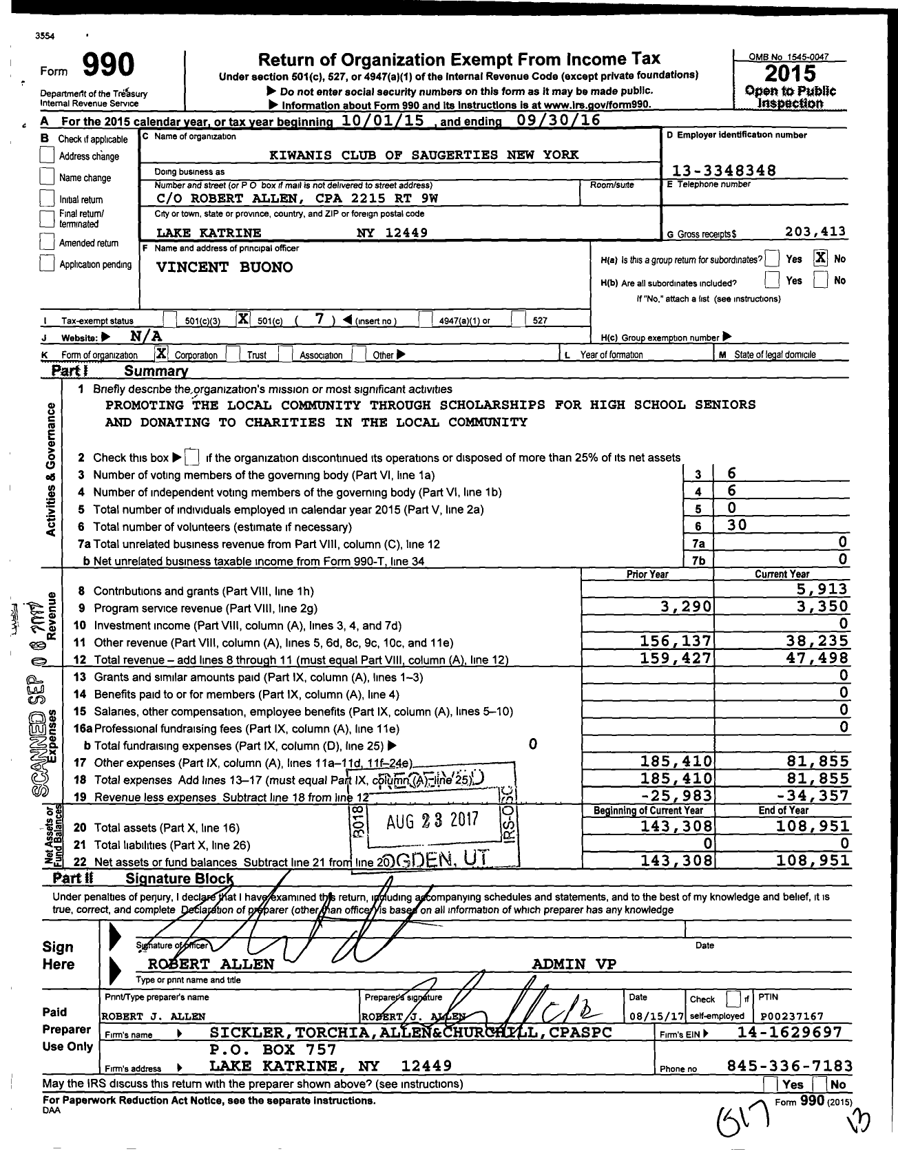 Image of first page of 2015 Form 990O for Kiwanis International - K09662 Saugerties