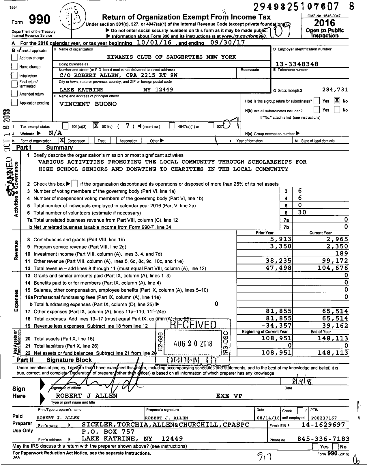 Image of first page of 2016 Form 990O for Kiwanis International - K09662 Saugerties