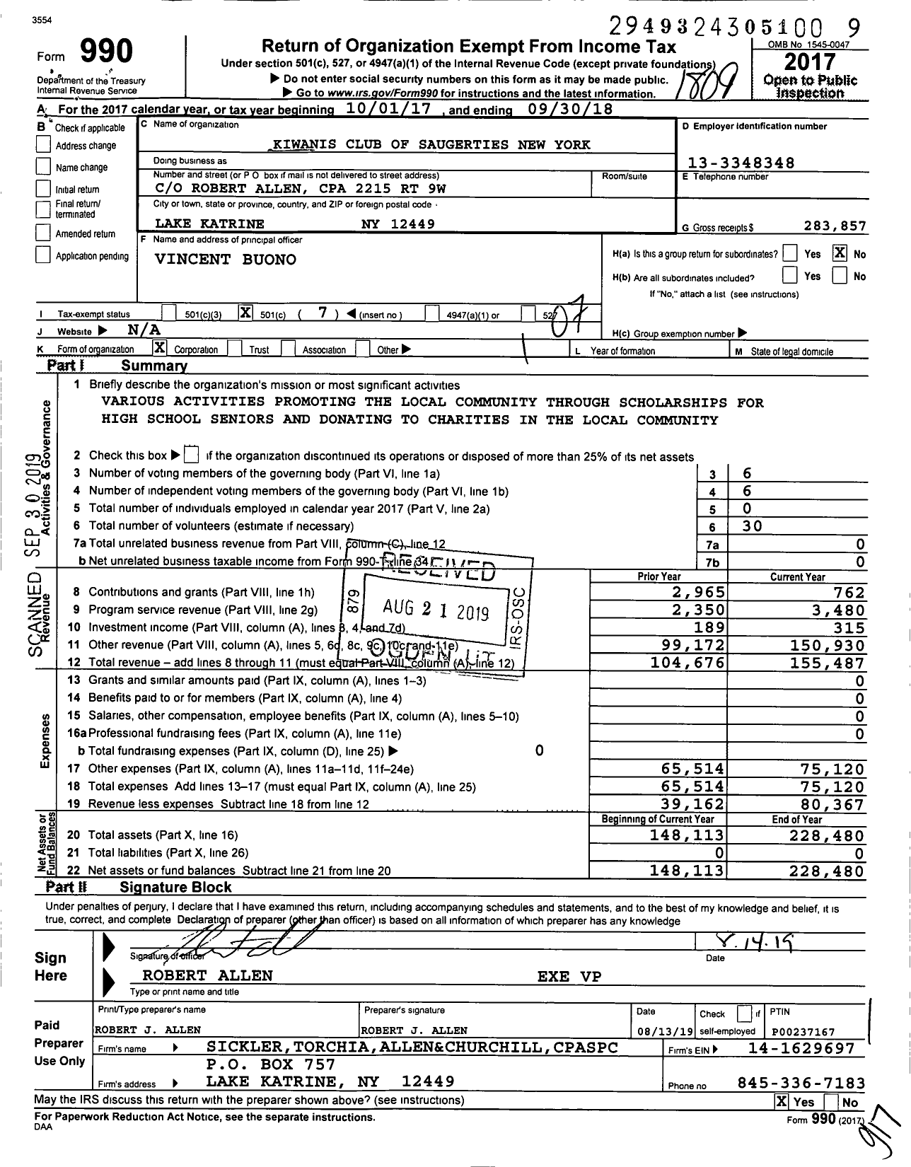 Image of first page of 2017 Form 990O for Kiwanis International - K09662 Saugerties