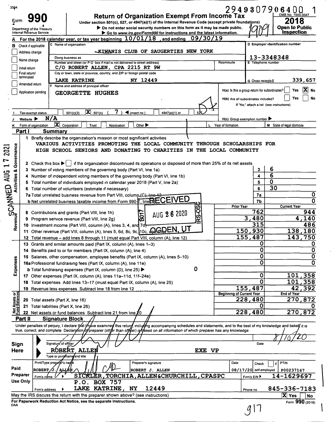 Image of first page of 2018 Form 990O for Kiwanis International - K09662 Saugerties