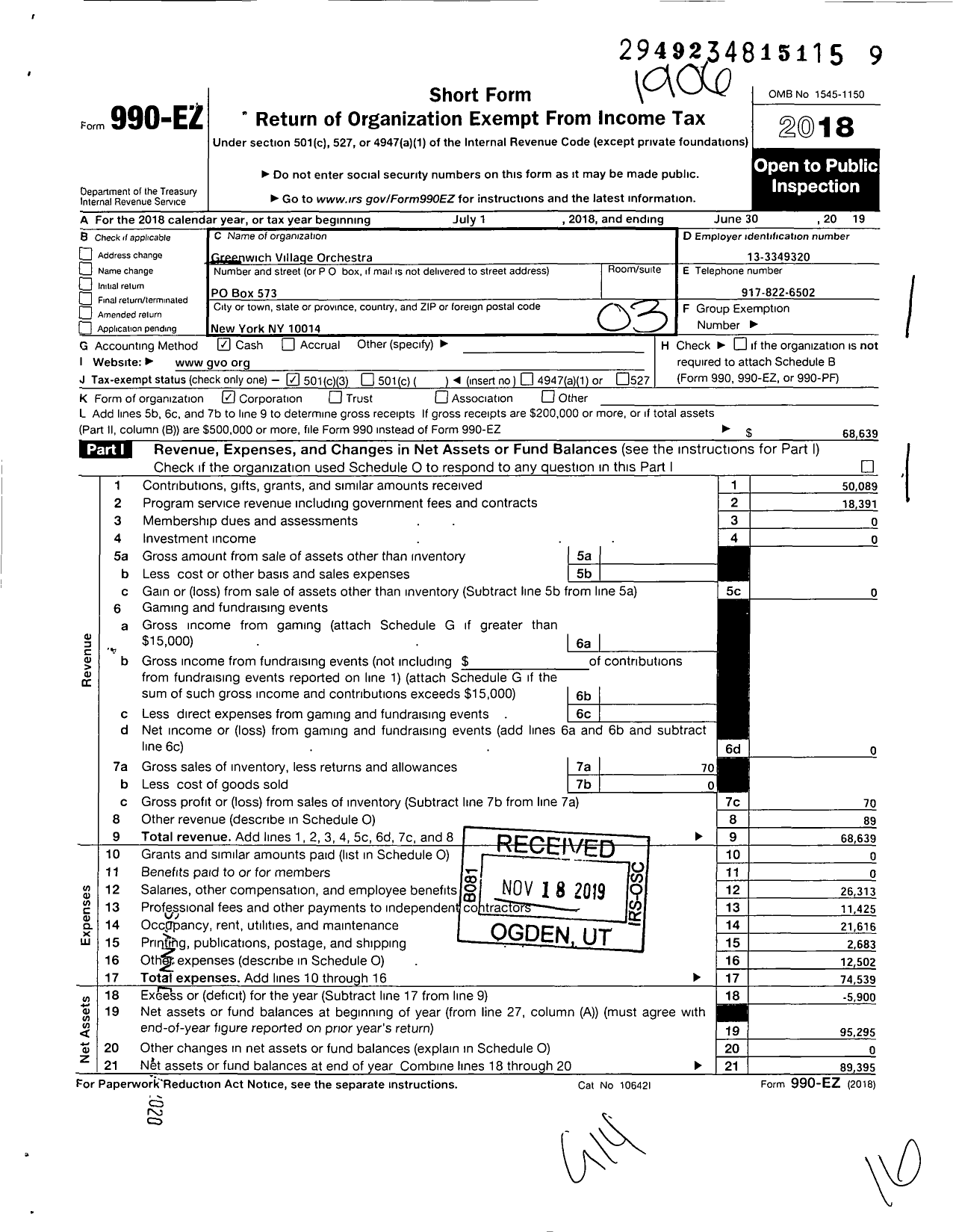 Image of first page of 2018 Form 990EZ for Greenwich Village Orchestra