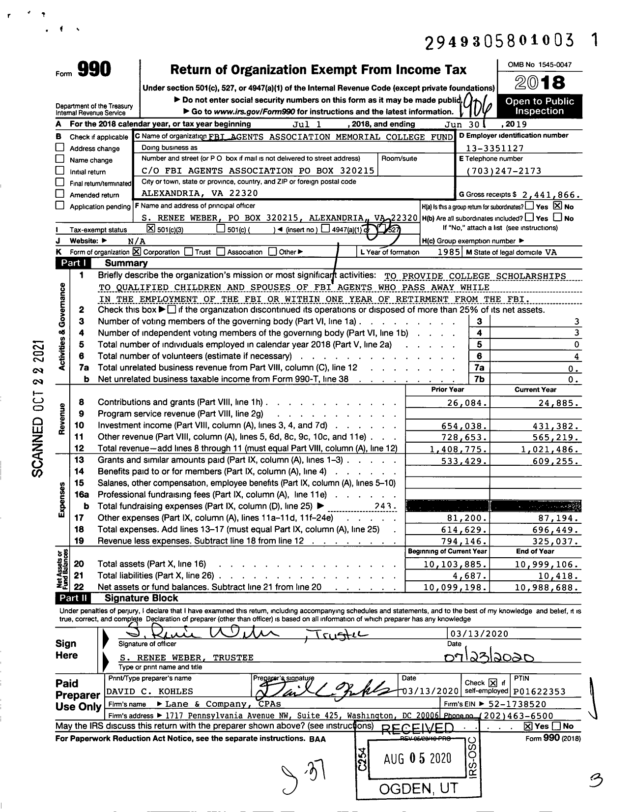 Image of first page of 2018 Form 990 for Fbi Agents Association Memorial College Fund
