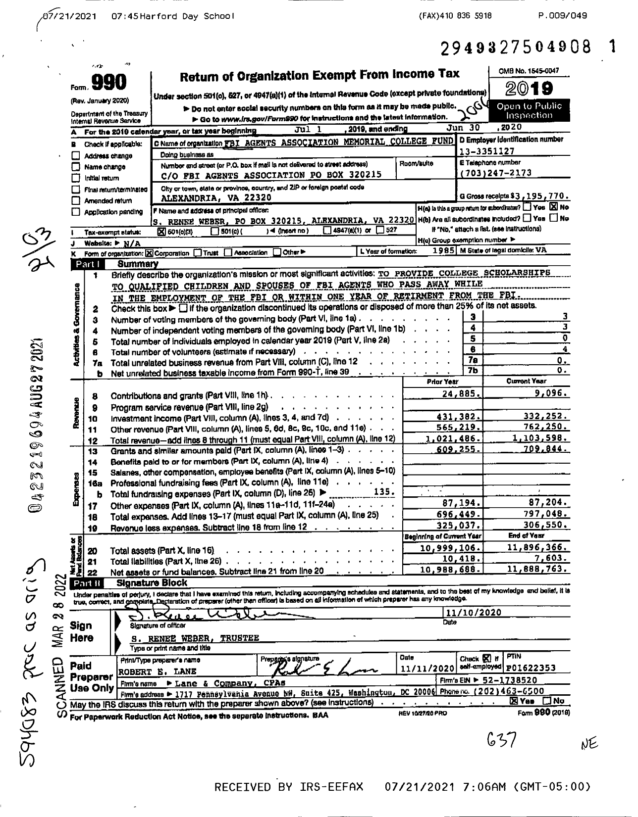 Image of first page of 2019 Form 990 for Fbi Agents Association Memorial College Fund