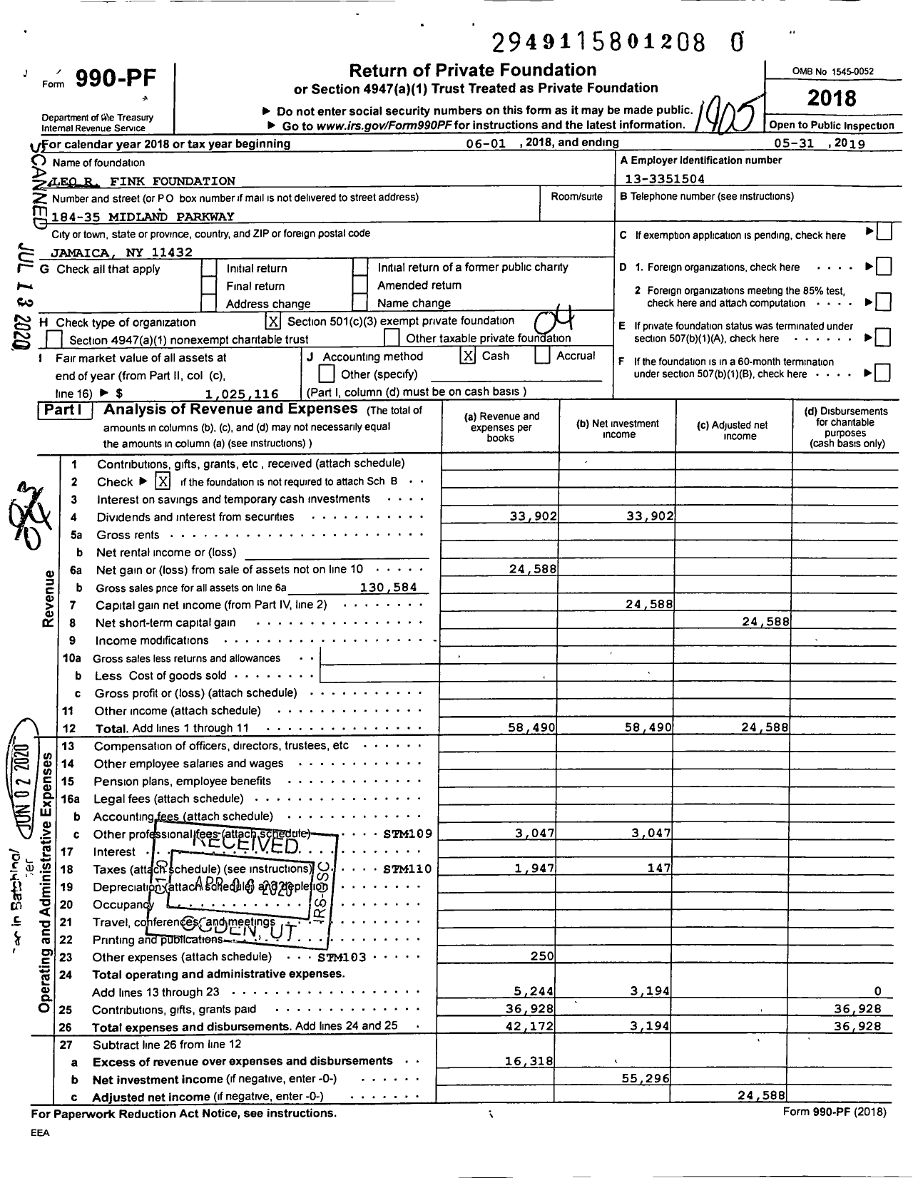 Image of first page of 2018 Form 990PR for Leo R Fink Foundation