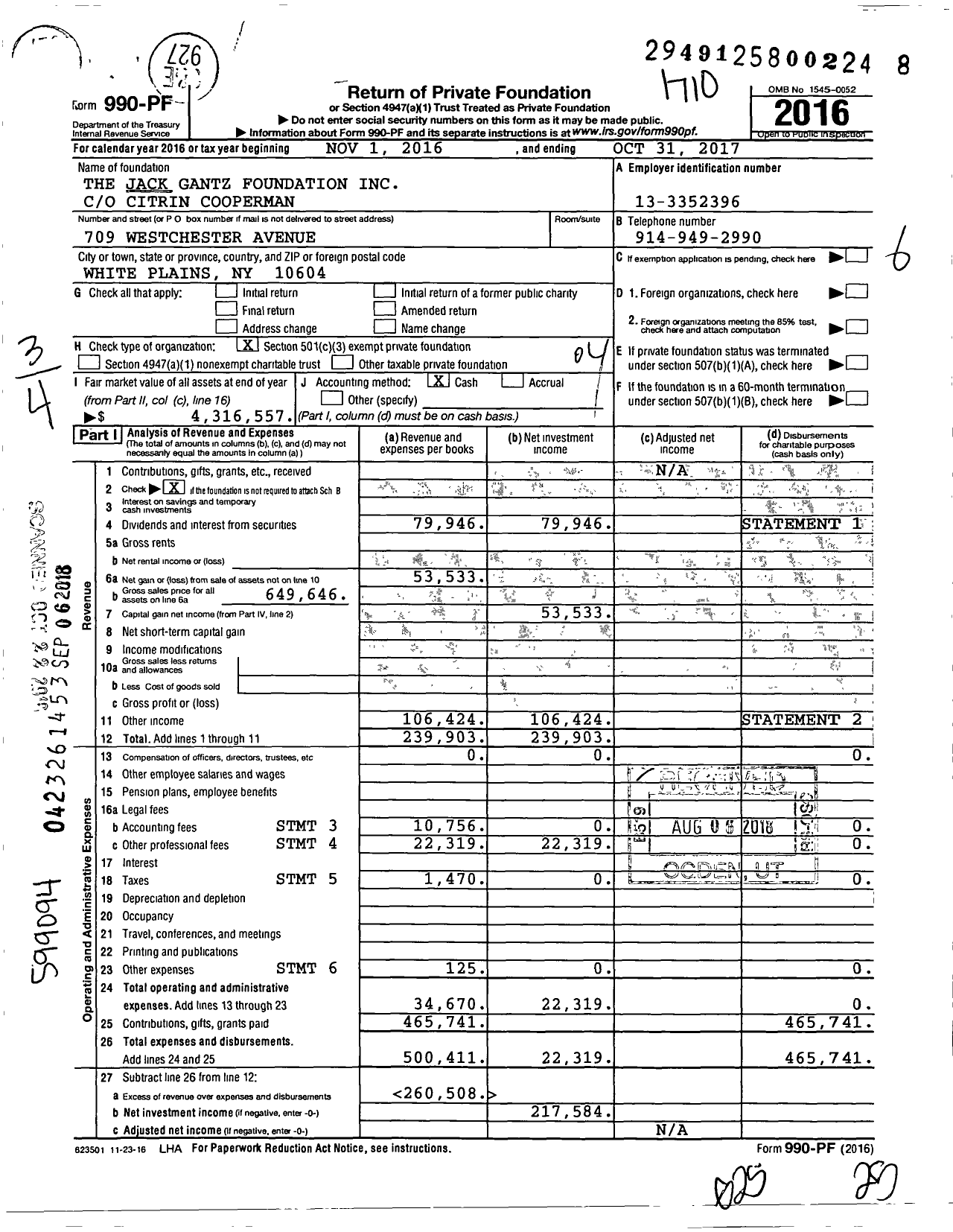 Image of first page of 2016 Form 990PF for The Jack and Sarita Gantz Foundation