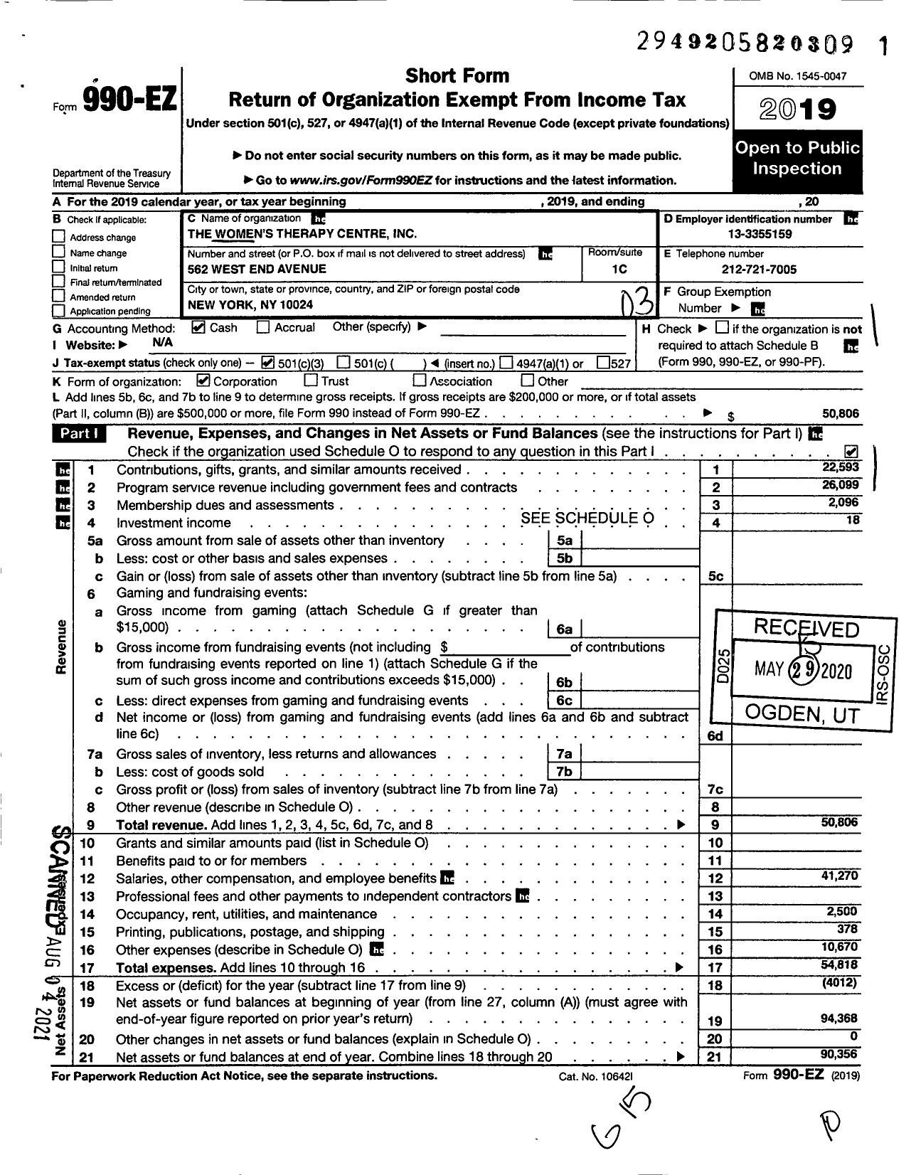 Image of first page of 2019 Form 990EZ for The Women's Therapy Centre Institute