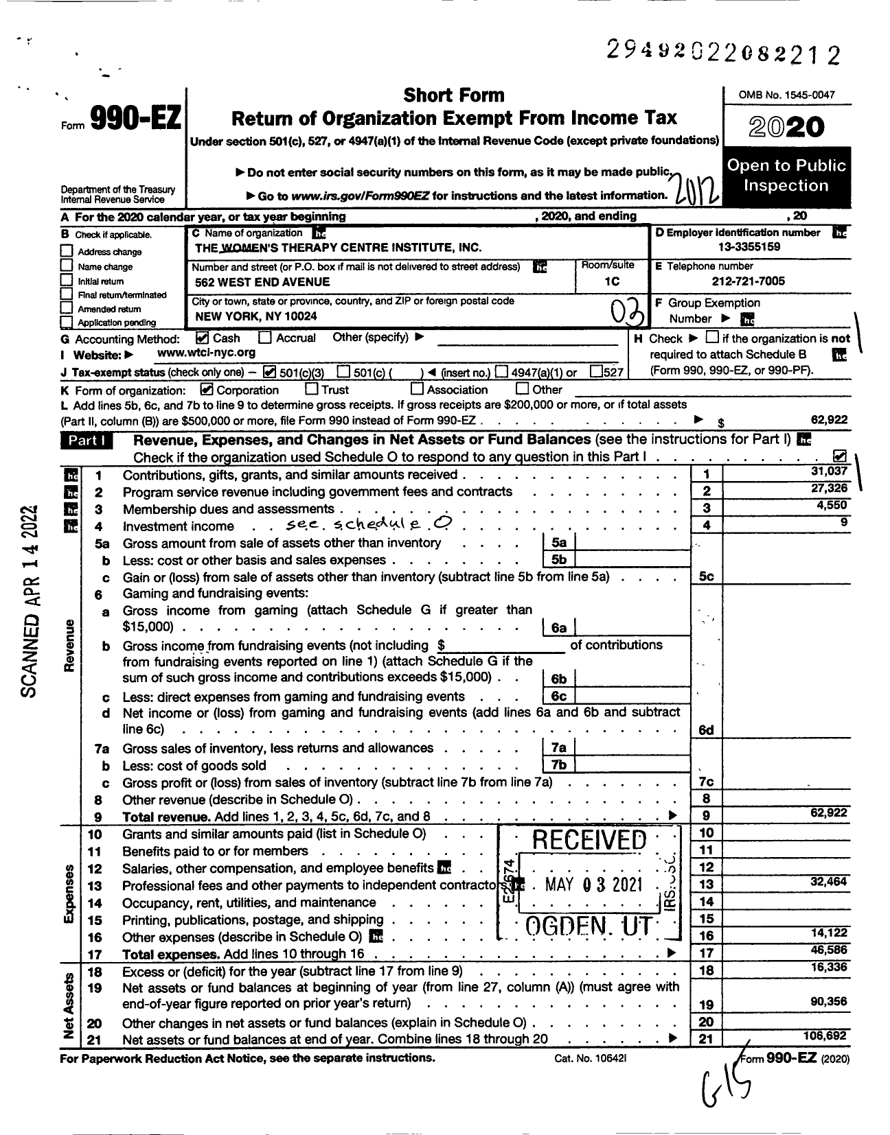 Image of first page of 2020 Form 990EZ for The Women's Therapy Centre Institute