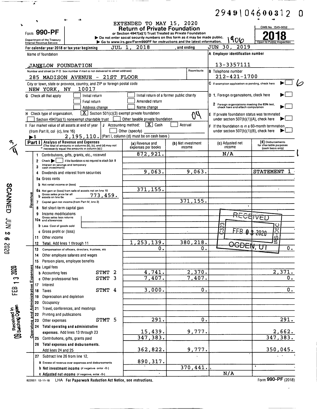 Image of first page of 2018 Form 990PR for Janklow Foundation