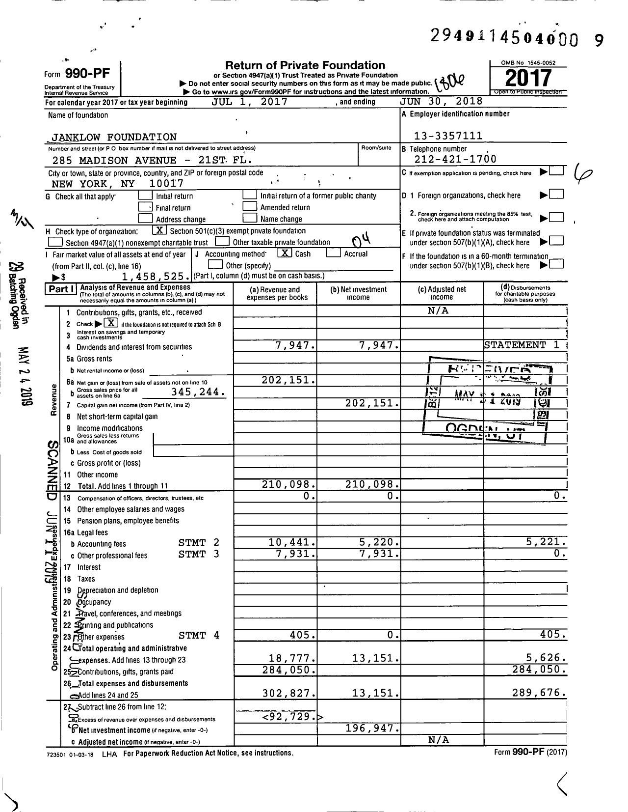 Image of first page of 2017 Form 990PF for Janklow Foundation