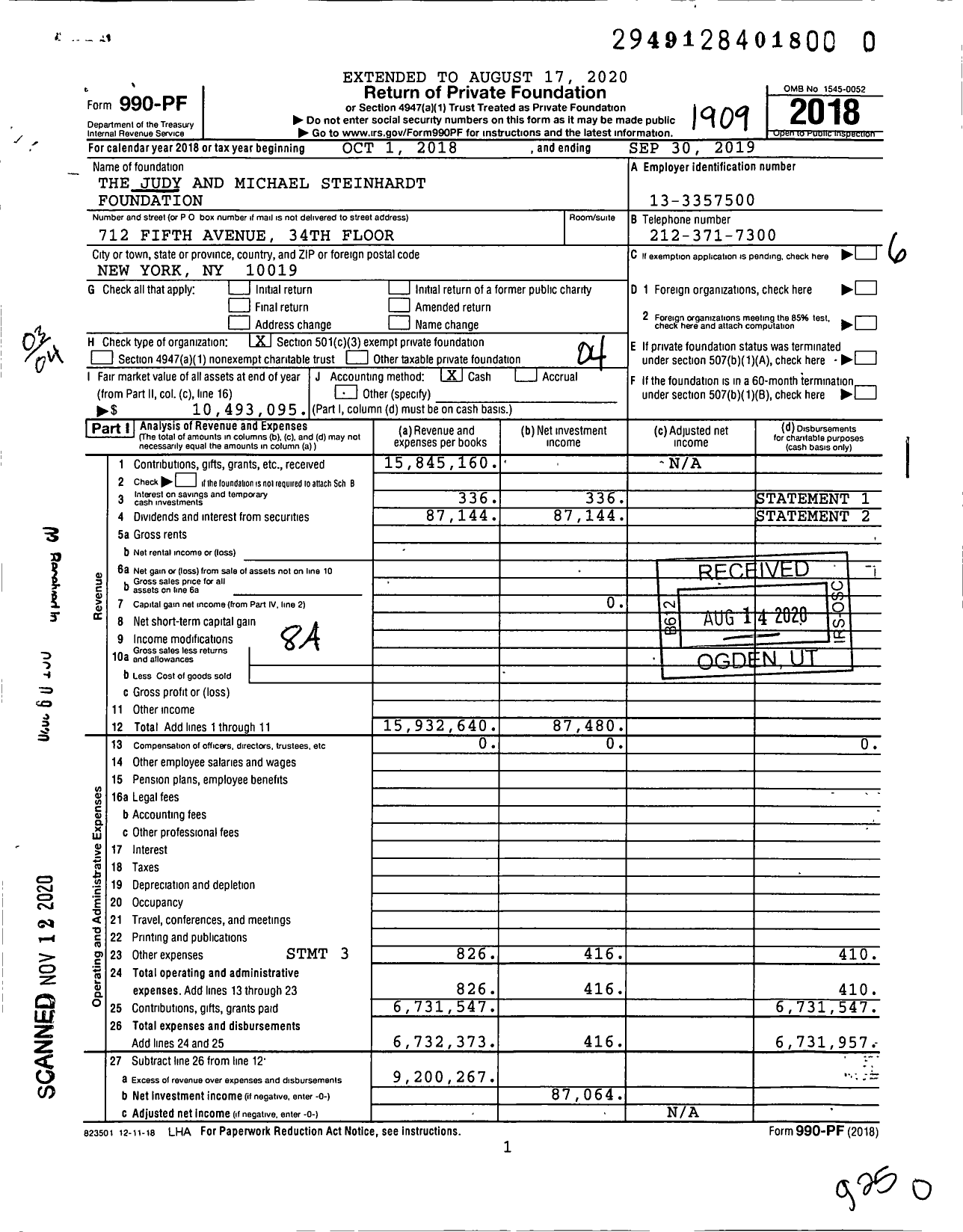 Image of first page of 2018 Form 990PF for Judy and Michael Steinhardt Foundation