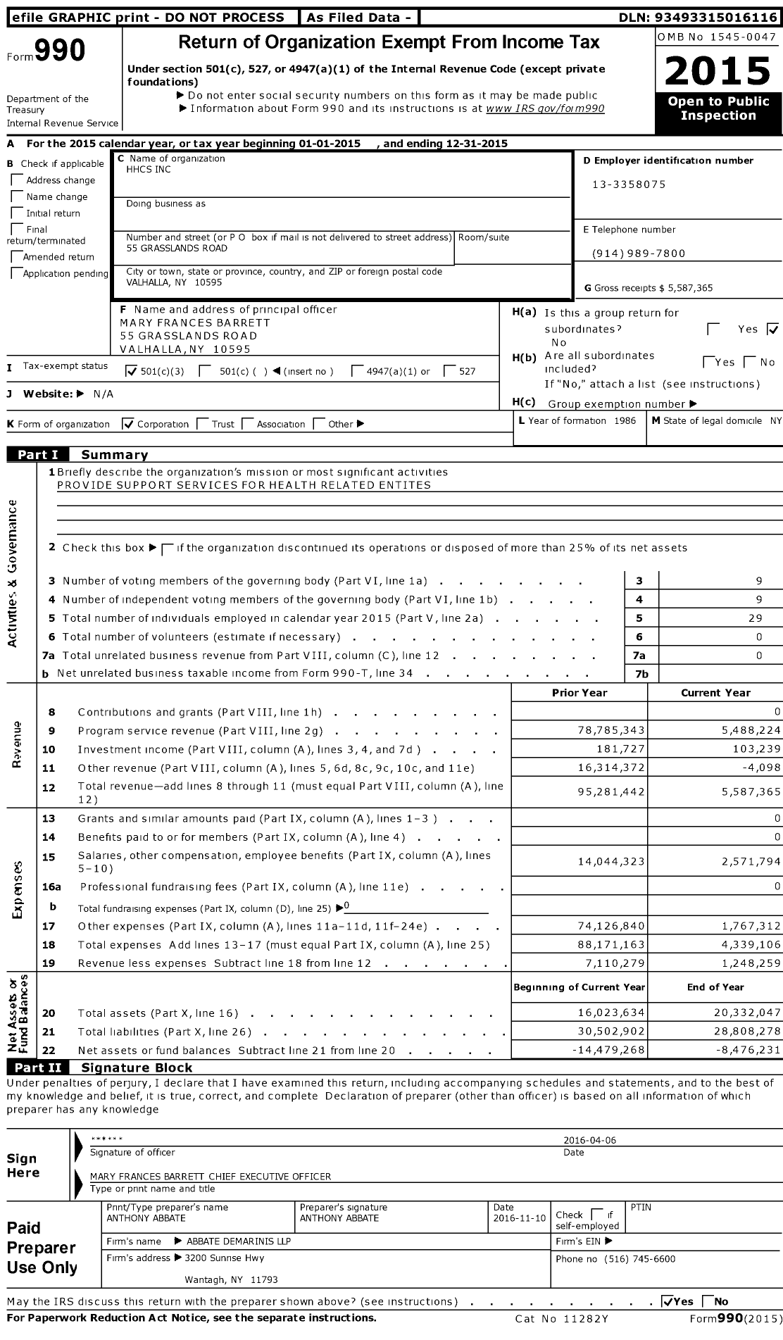 Image of first page of 2015 Form 990 for HHCS