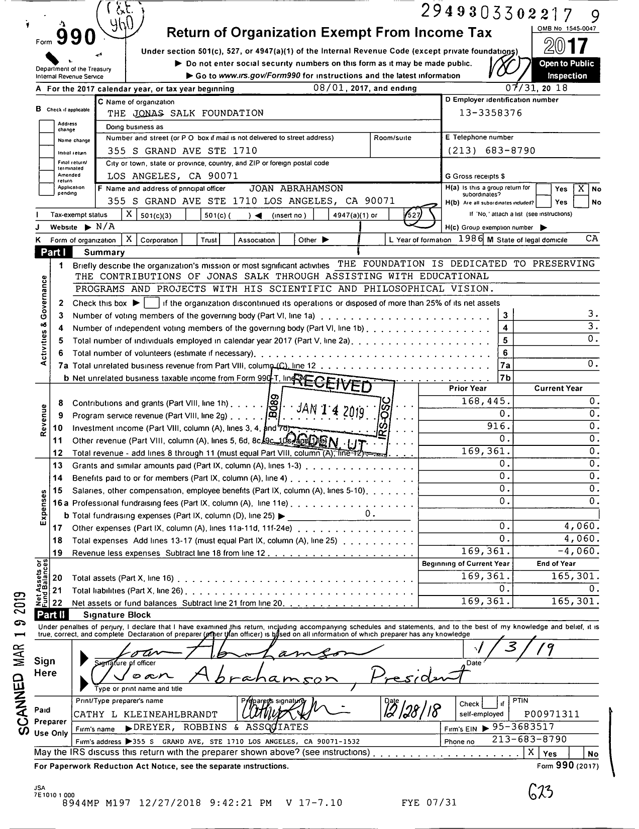 Image of first page of 2017 Form 990 for Jonas Salk Foundation