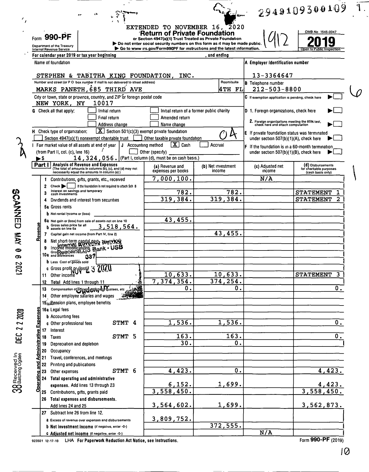 Image of first page of 2019 Form 990PF for Stephen and Tabitha King Foundation