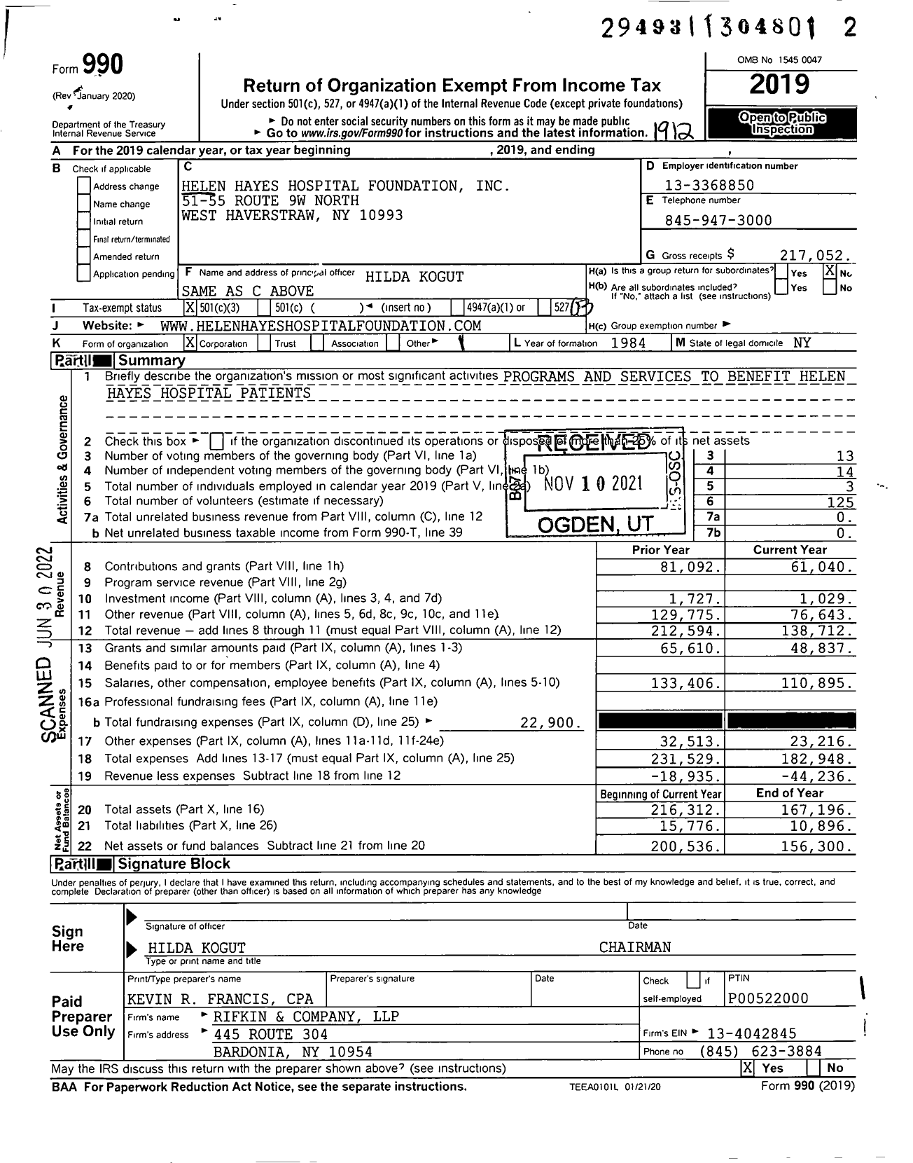 Image of first page of 2019 Form 990 for Helen Hayes Hospital Foundation