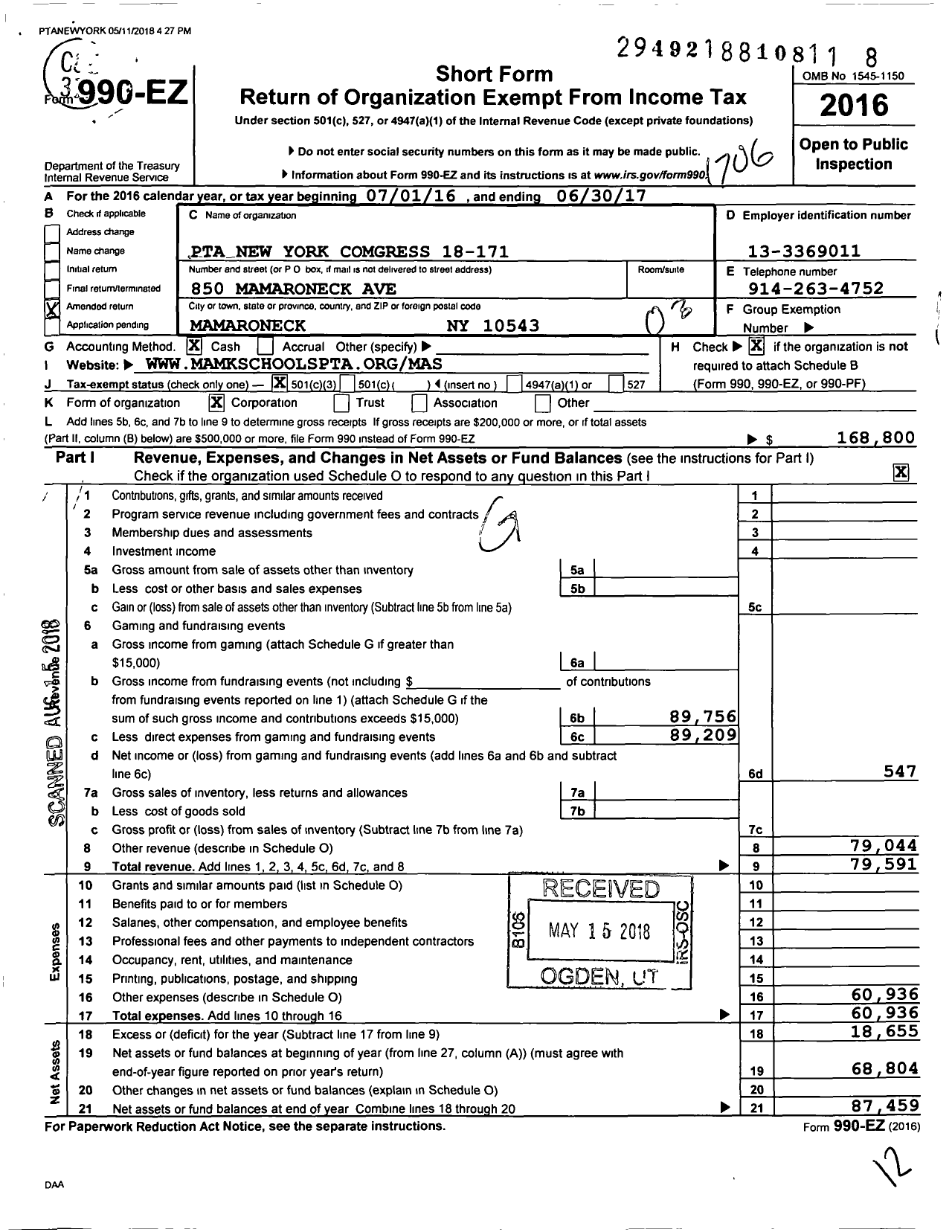 Image of first page of 2016 Form 990EZ for New York State PTA - 18-171 Mamaroneck Ave School PTA