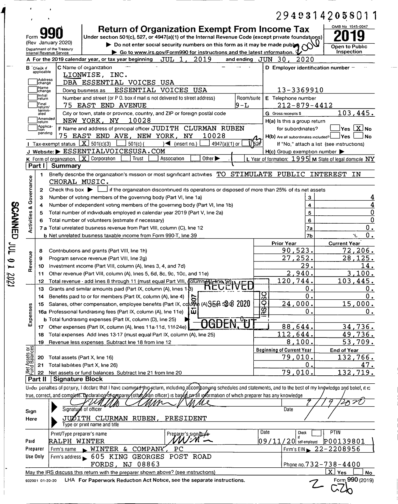 Image of first page of 2019 Form 990 for Essential Voices USA