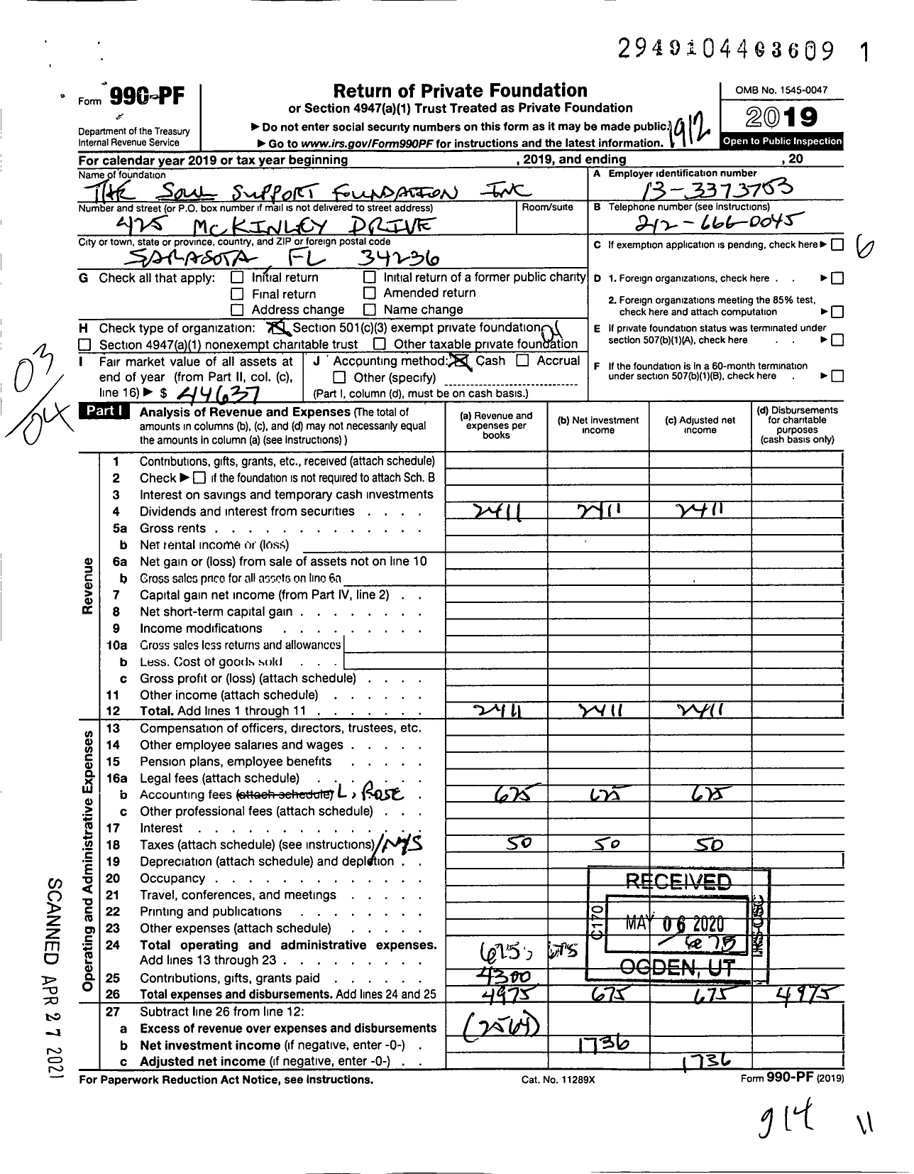 Image of first page of 2019 Form 990PF for The Soul Support Foundation