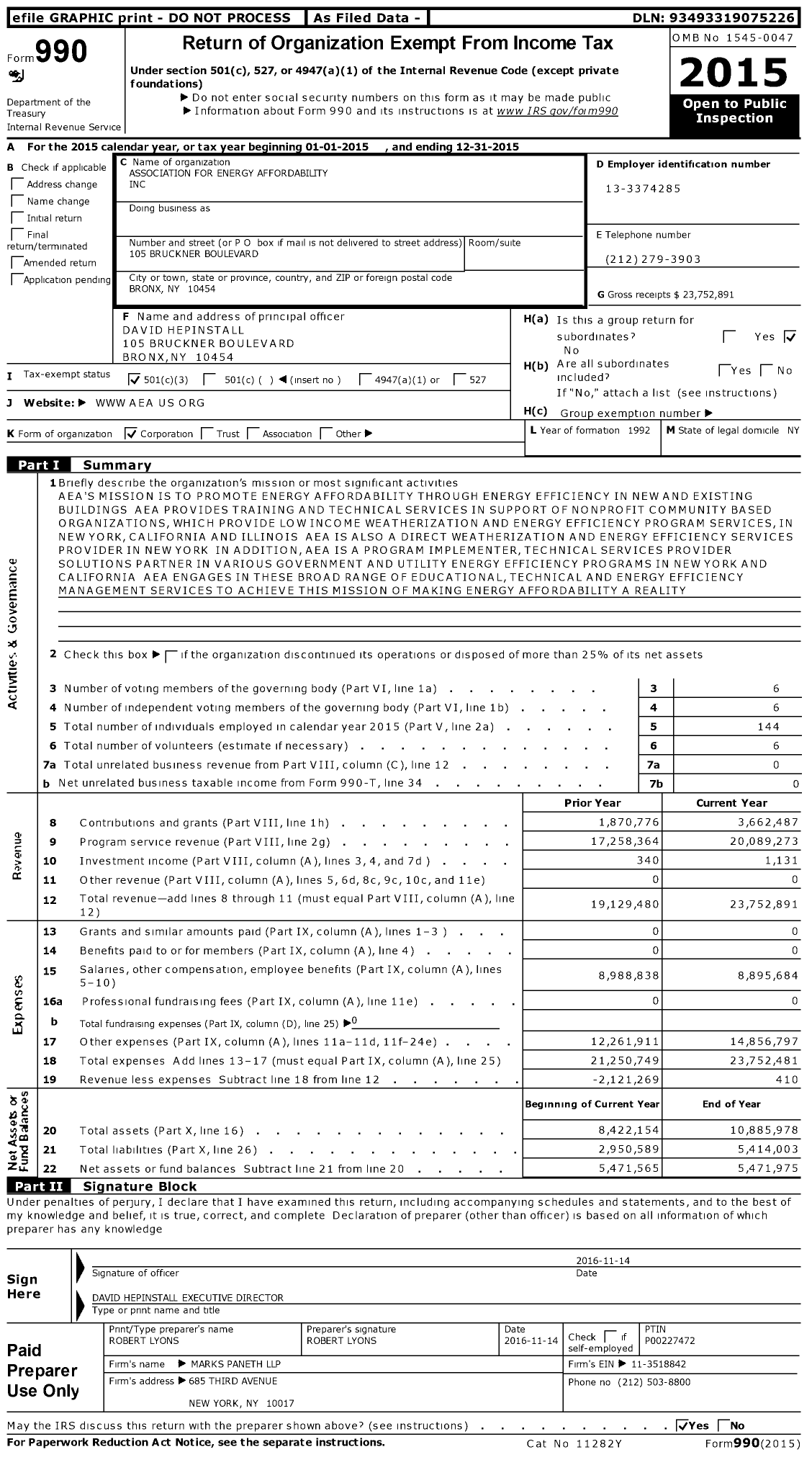 Image of first page of 2015 Form 990 for Association for Energy Affordability