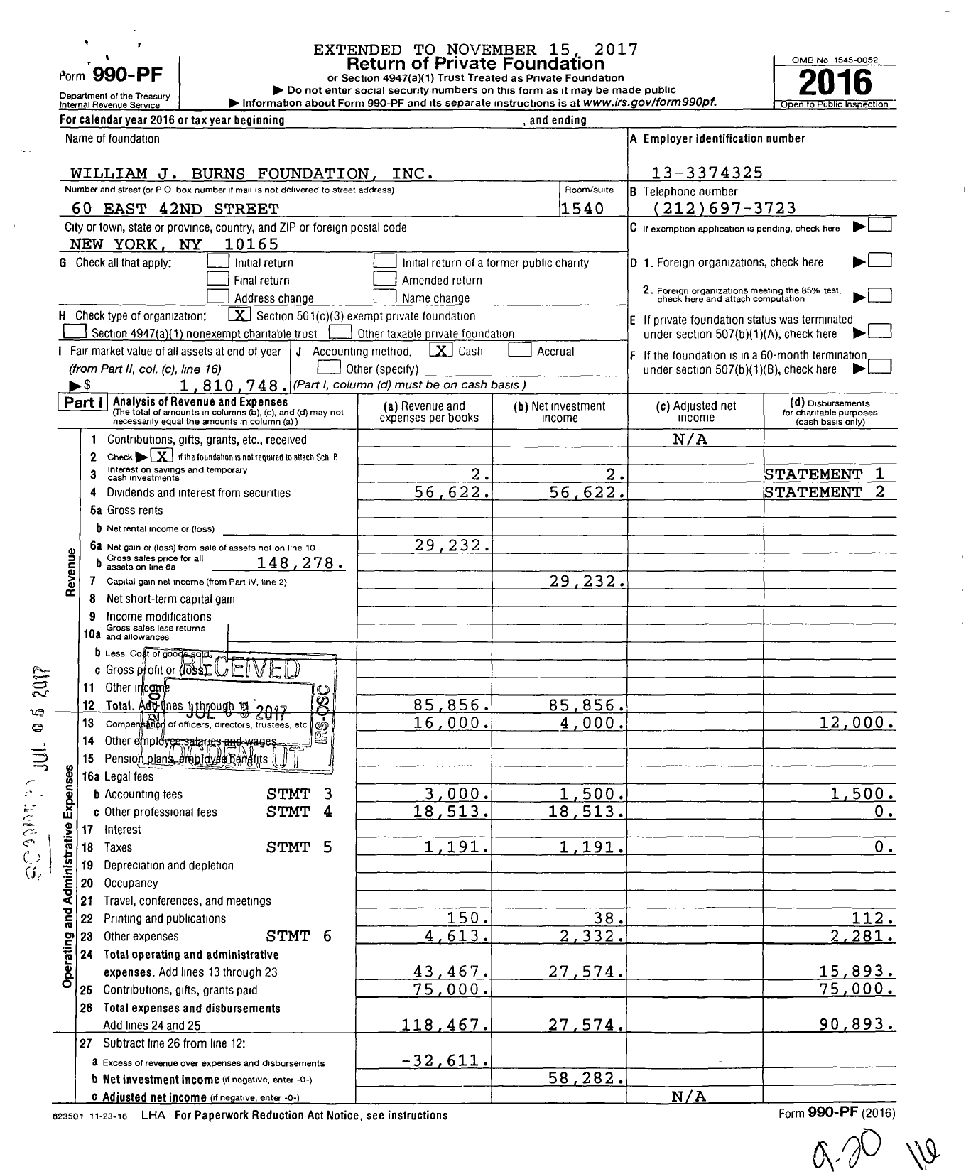 Image of first page of 2016 Form 990PF for William J Burns Foundation