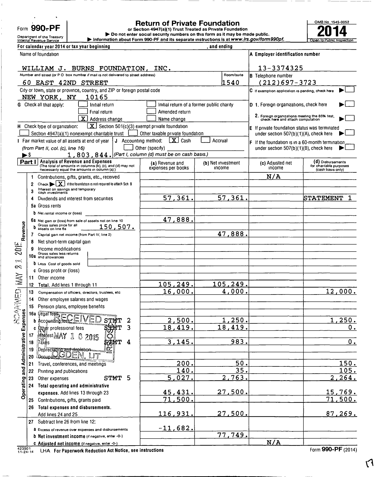 Image of first page of 2014 Form 990PF for William J Burns Foundation