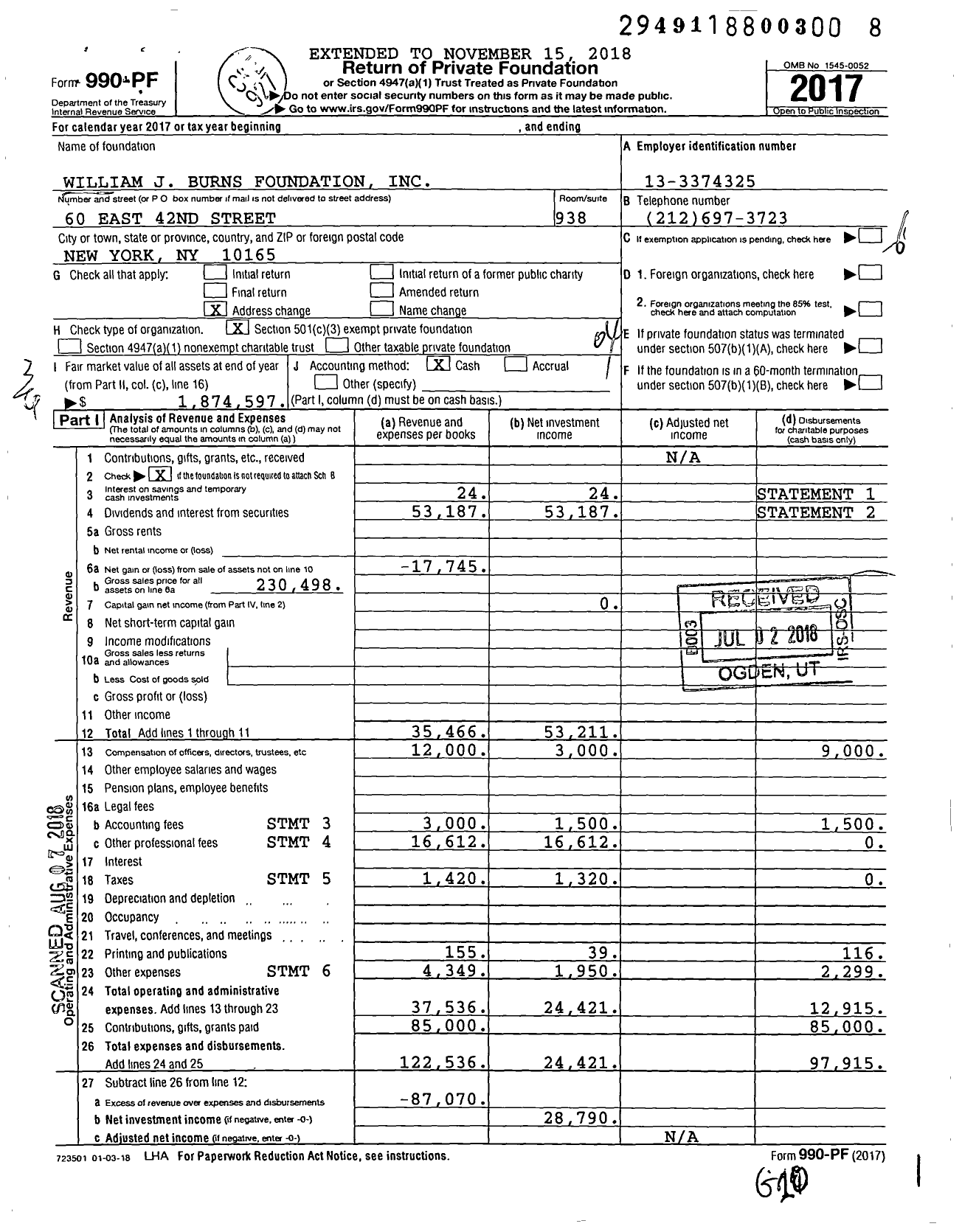 Image of first page of 2017 Form 990PF for William J Burns Foundation