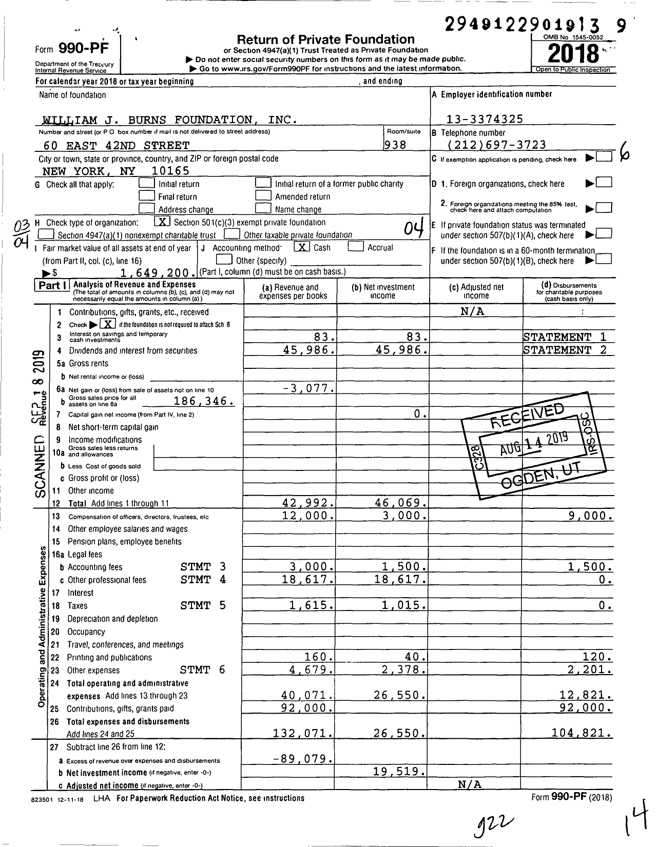 Image of first page of 2018 Form 990PF for William J Burns Foundation