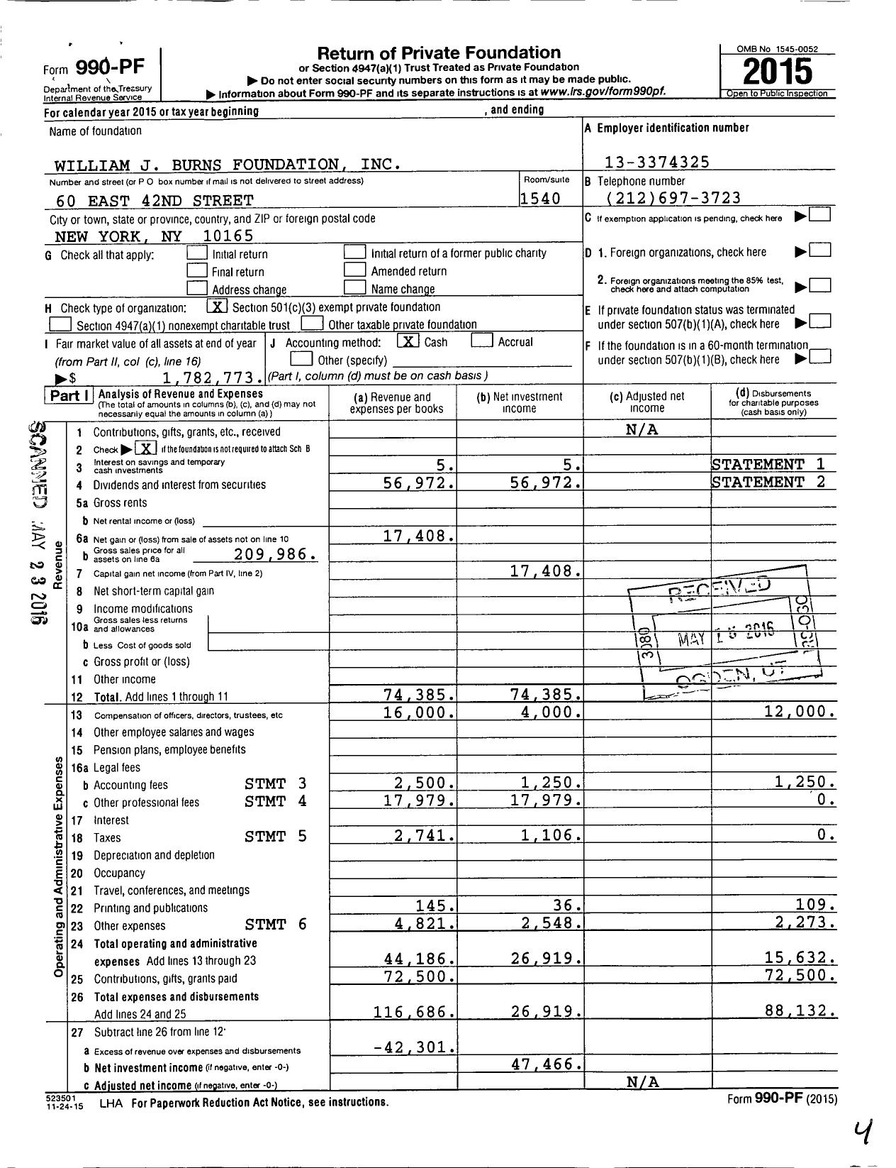 Image of first page of 2015 Form 990PF for William J Burns Foundation