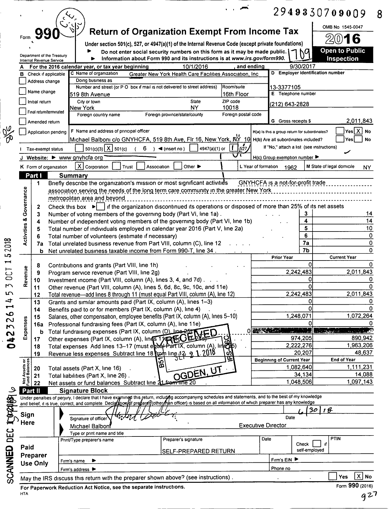 Image of first page of 2016 Form 990O for Greater New York Health Care Facilities Association (GNYHCFA)