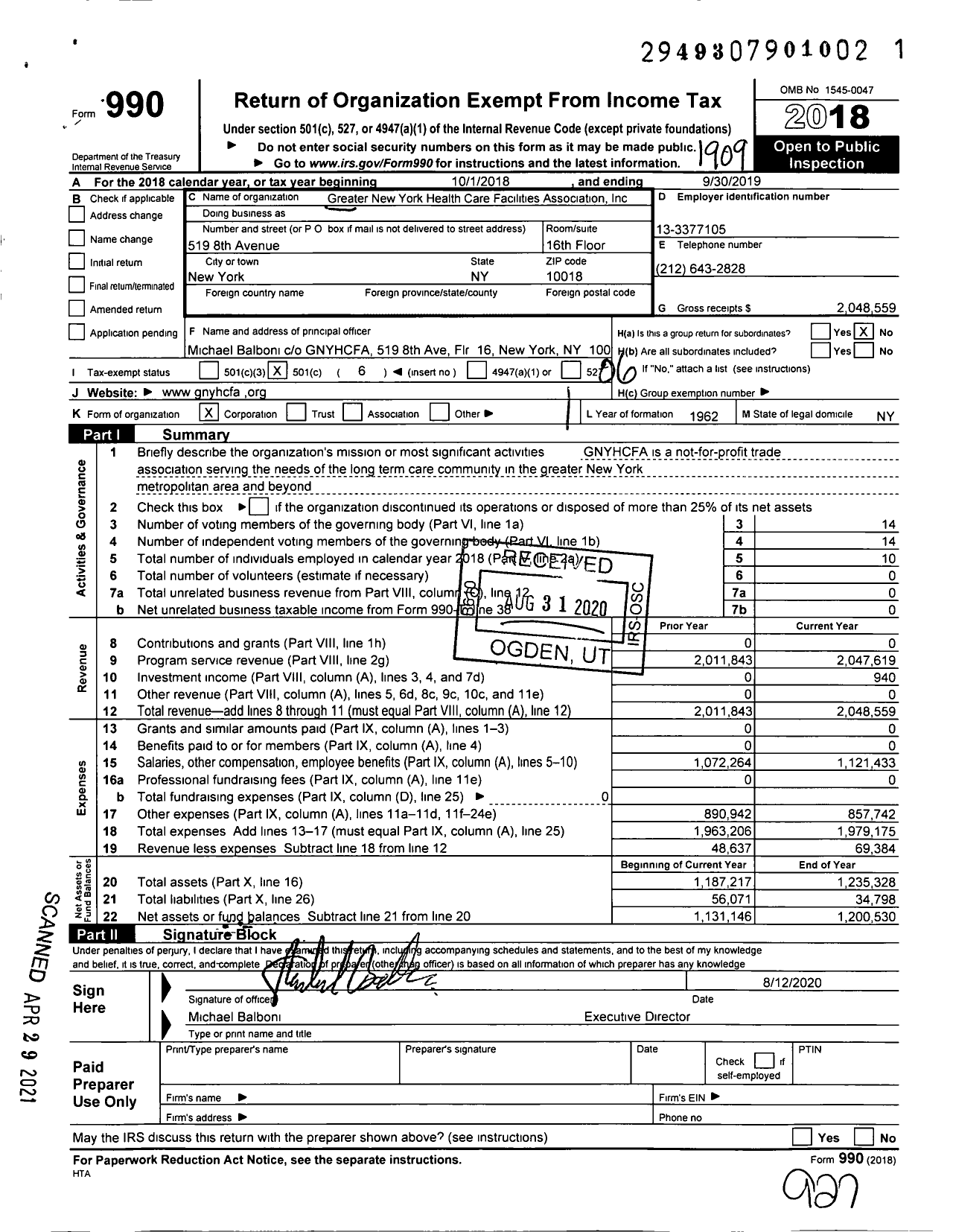 Image of first page of 2018 Form 990O for Greater New York Health Care Facilities Association (GNYHCFA)