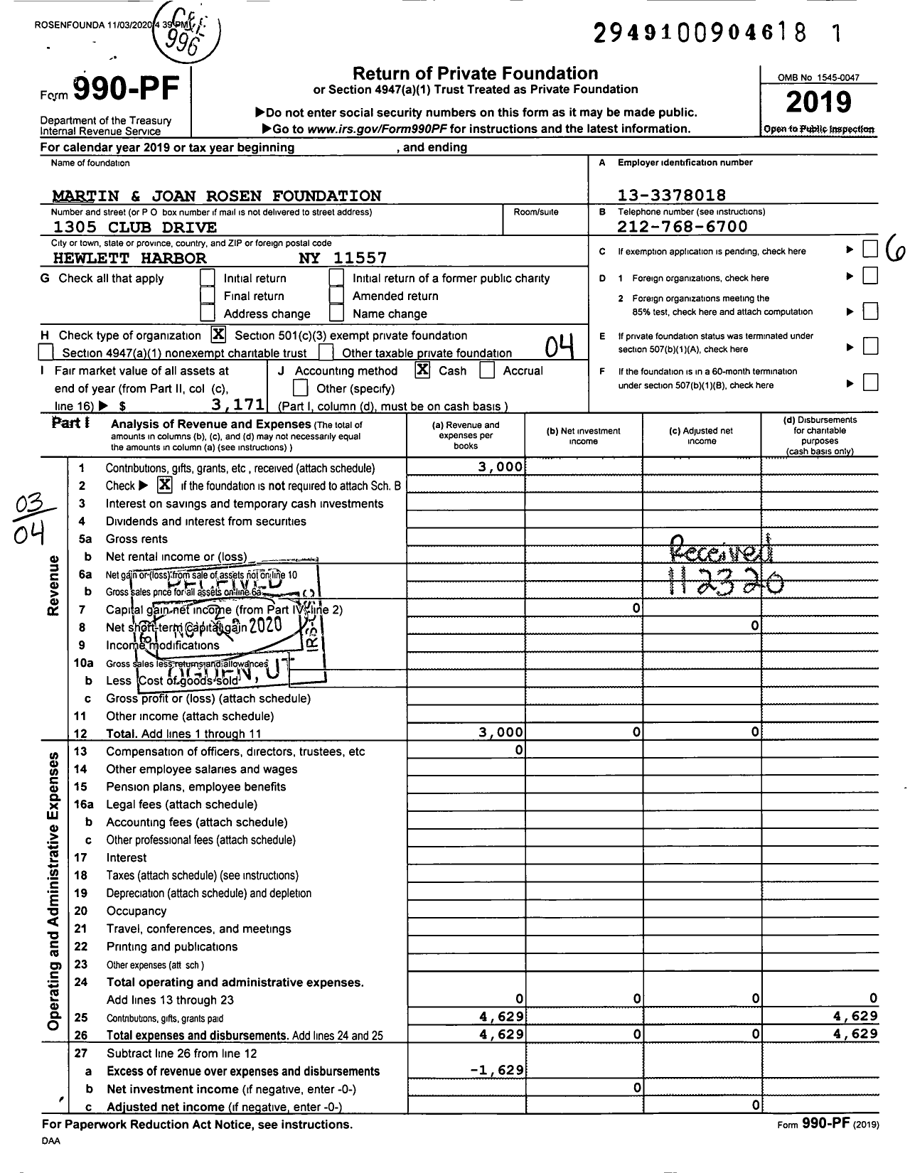 Image of first page of 2019 Form 990PF for Martin and Joan Rosen Foundation