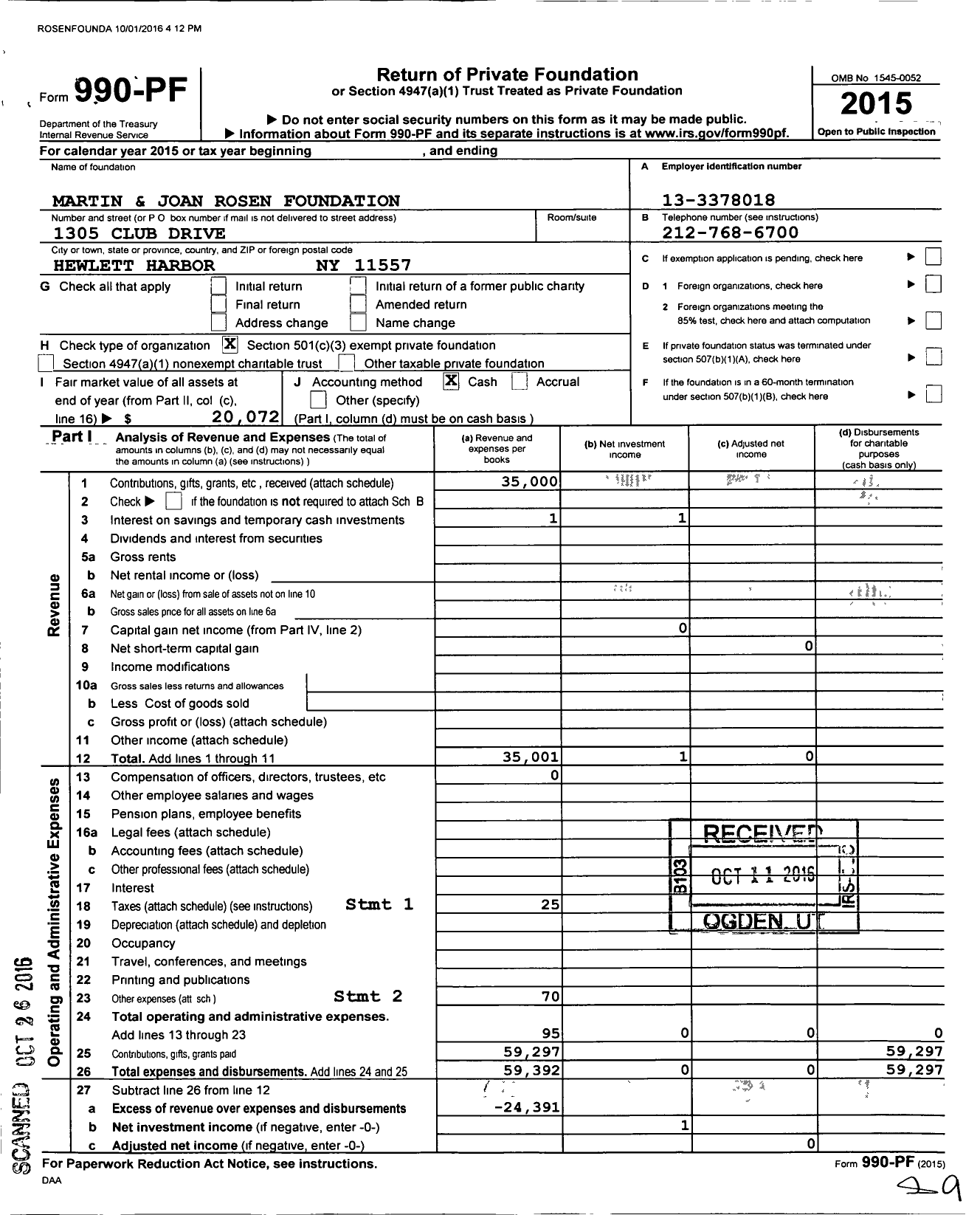 Image of first page of 2015 Form 990PF for Martin and Joan Rosen Foundation