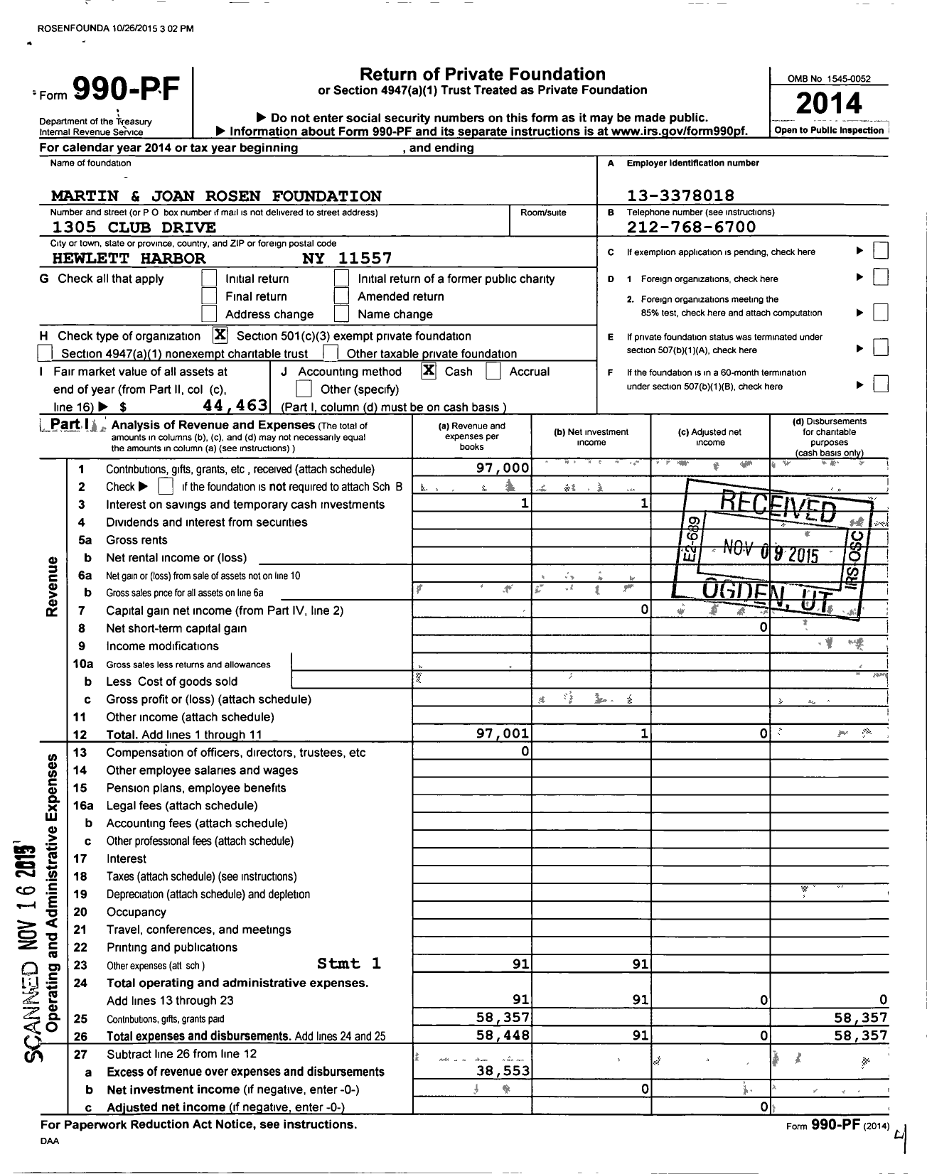 Image of first page of 2014 Form 990PF for Martin and Joan Rosen Foundation