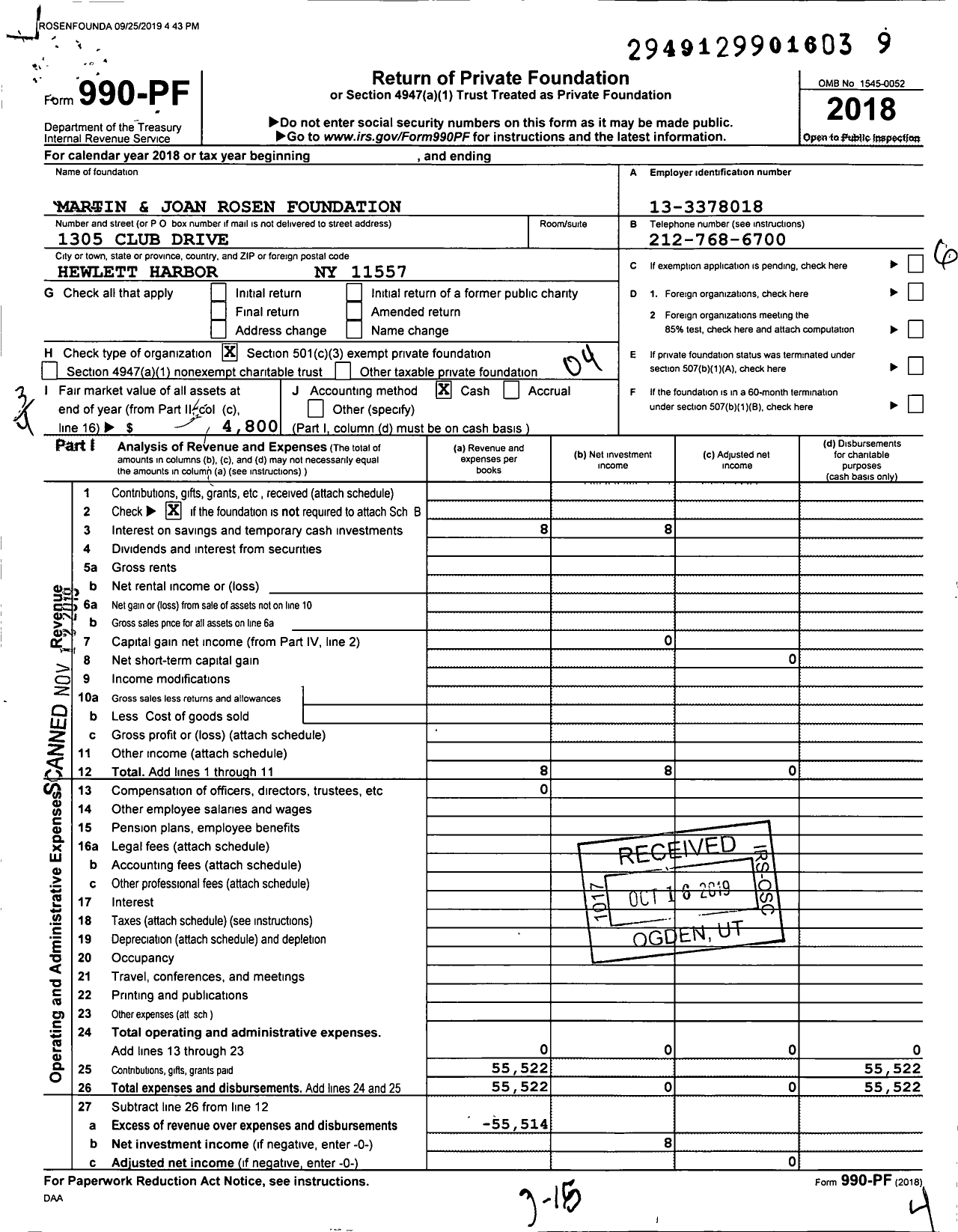 Image of first page of 2018 Form 990PF for Martin and Joan Rosen Foundation