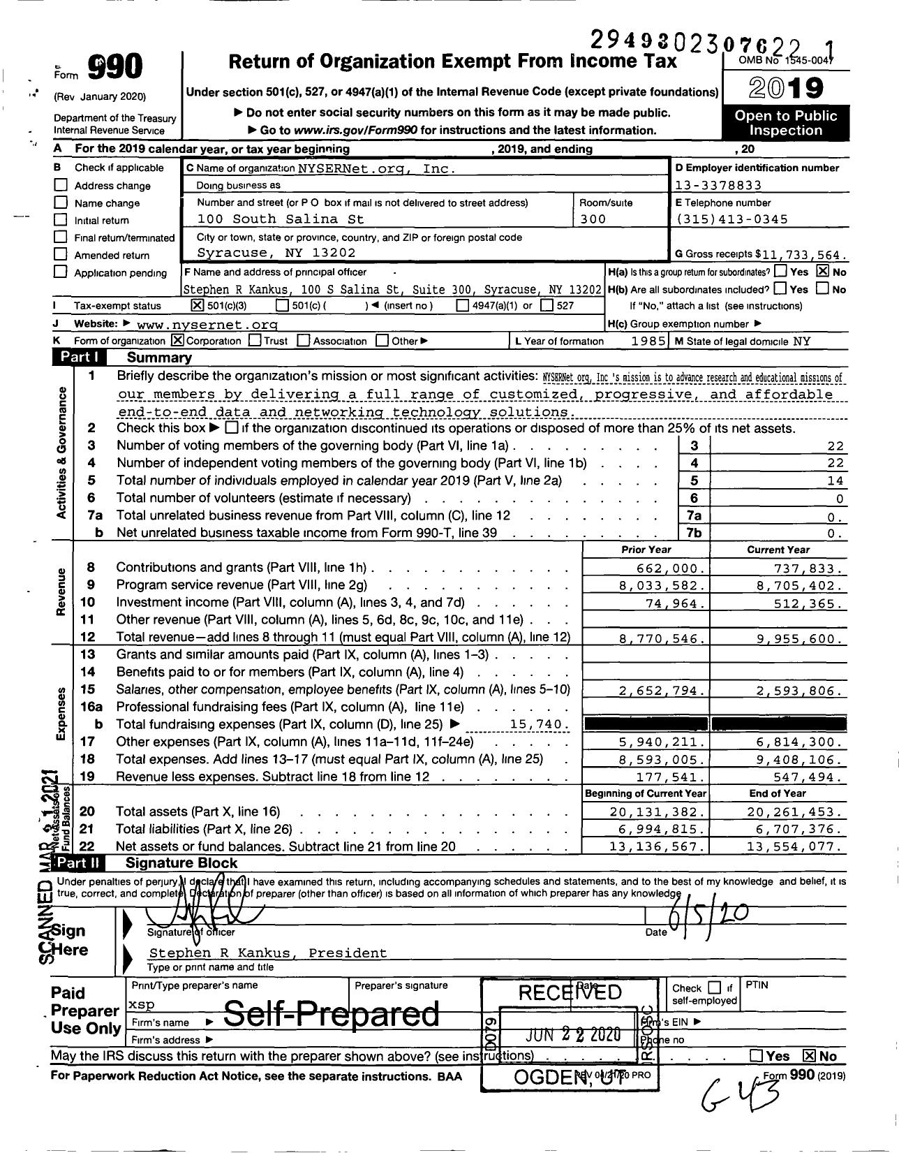 Image of first page of 2019 Form 990 for NYSERNet