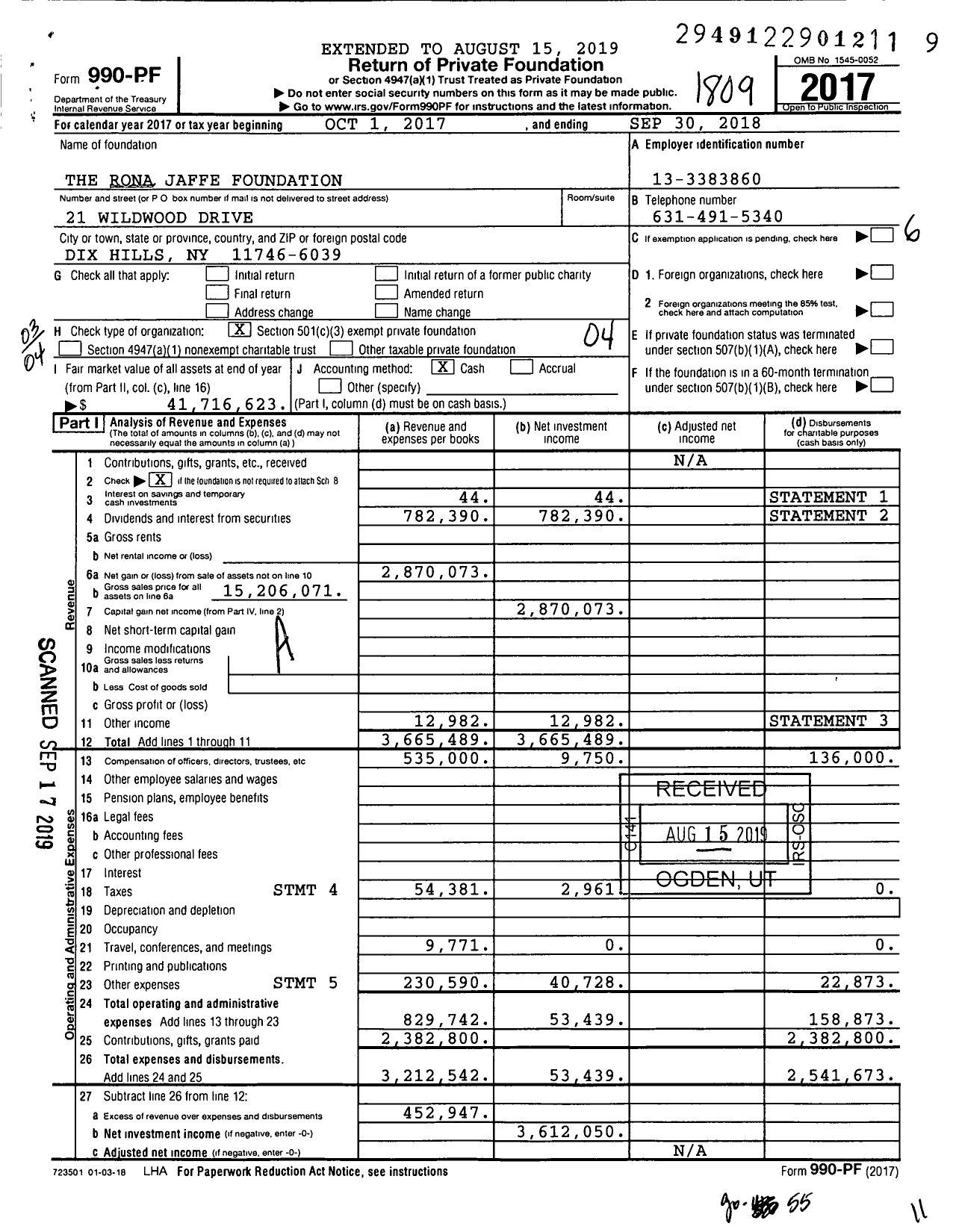 Image of first page of 2017 Form 990PF for The Rona Jaffe Foundation