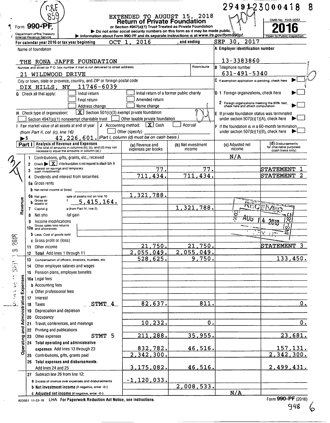Image of first page of 2016 Form 990PF for The Rona Jaffe Foundation