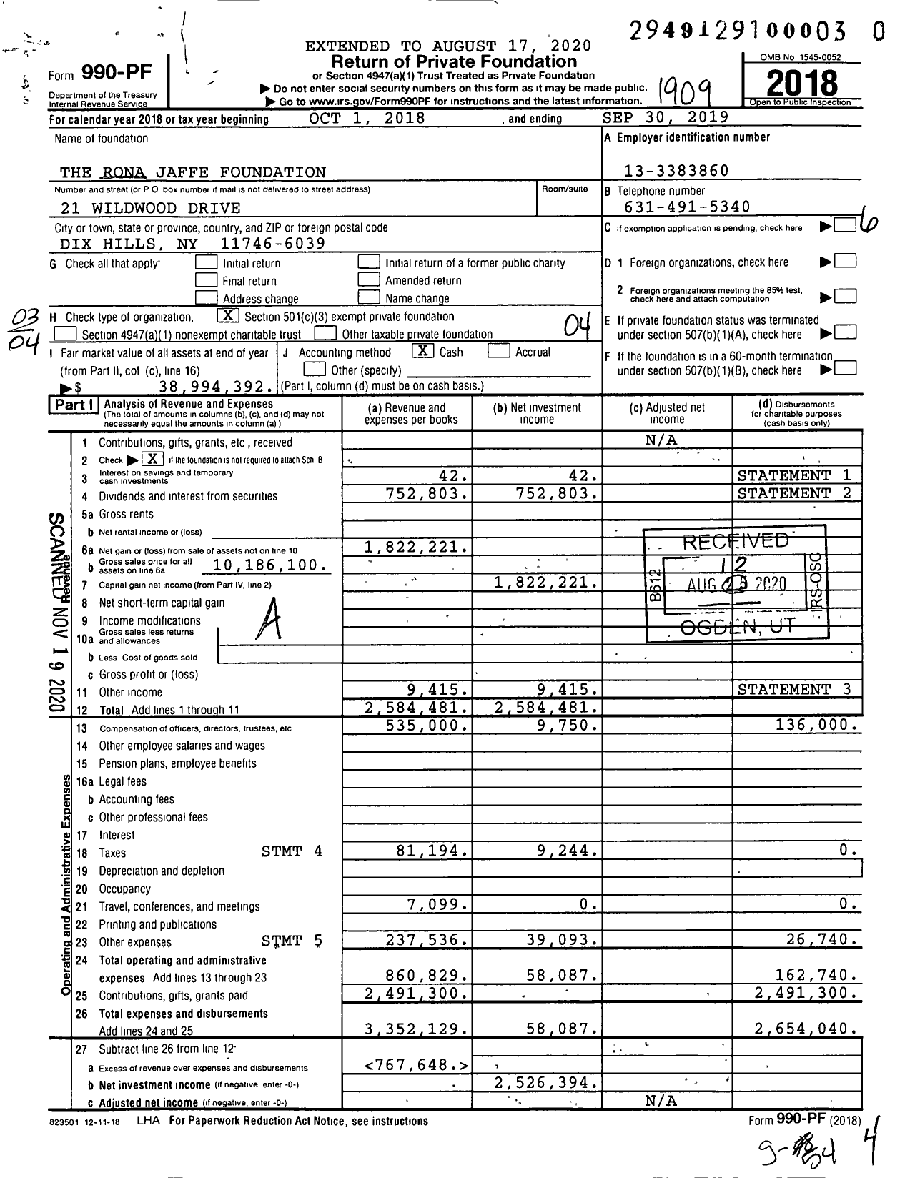 Image of first page of 2018 Form 990PF for The Rona Jaffe Foundation