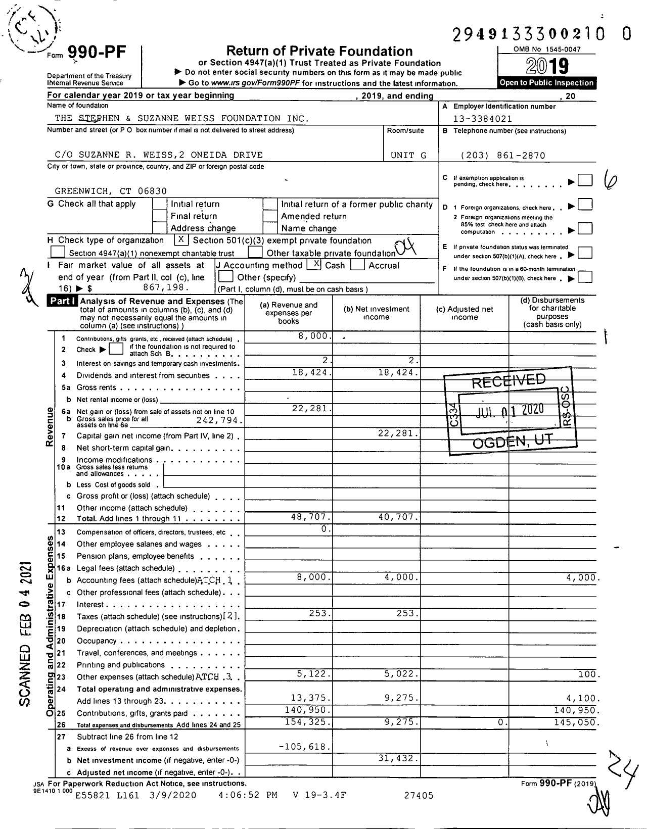 Image of first page of 2019 Form 990PF for The Stephen and Suzanne Weiss Foundation