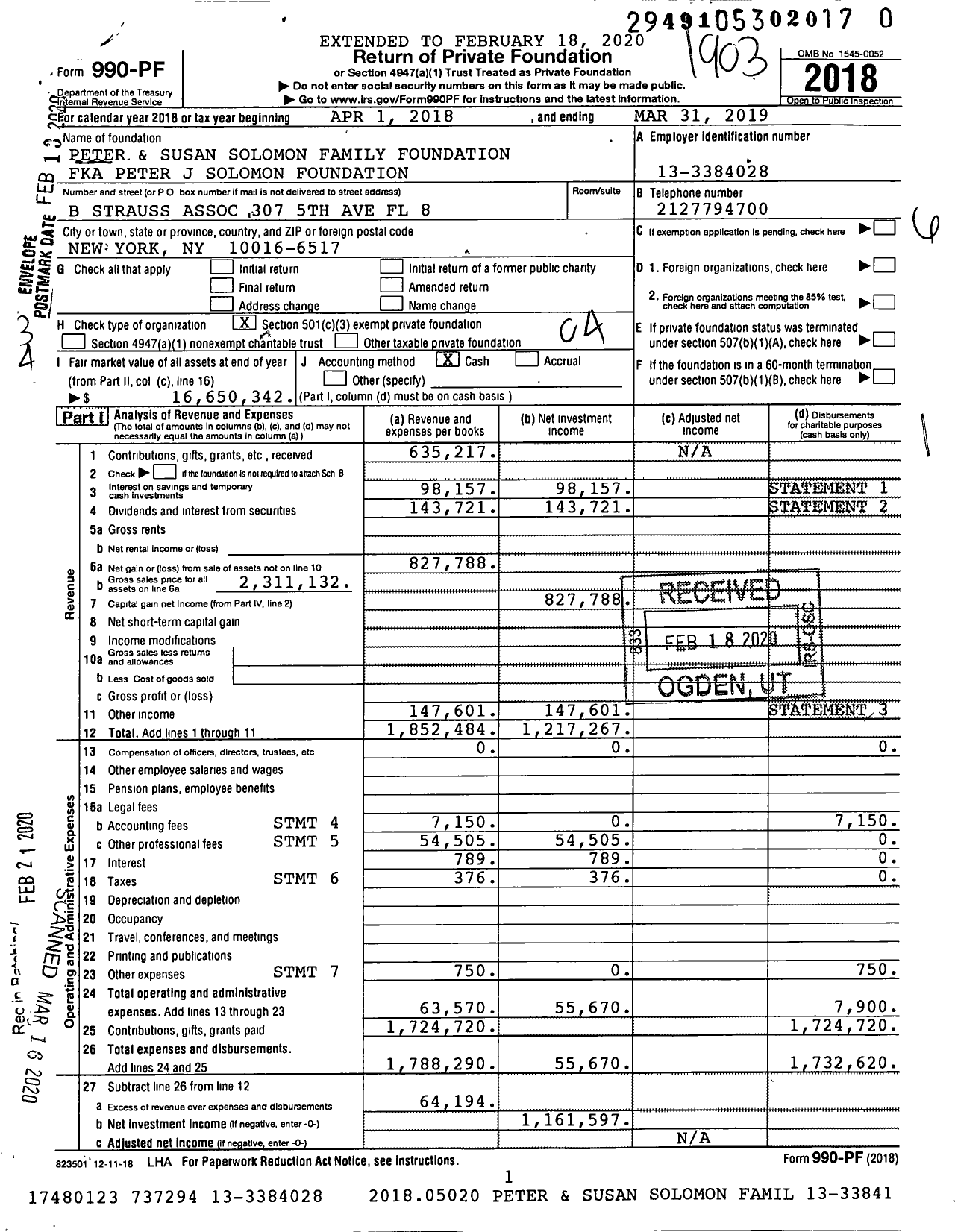 Image of first page of 2018 Form 990PR for Peter and Susan Solomon Family Foundation