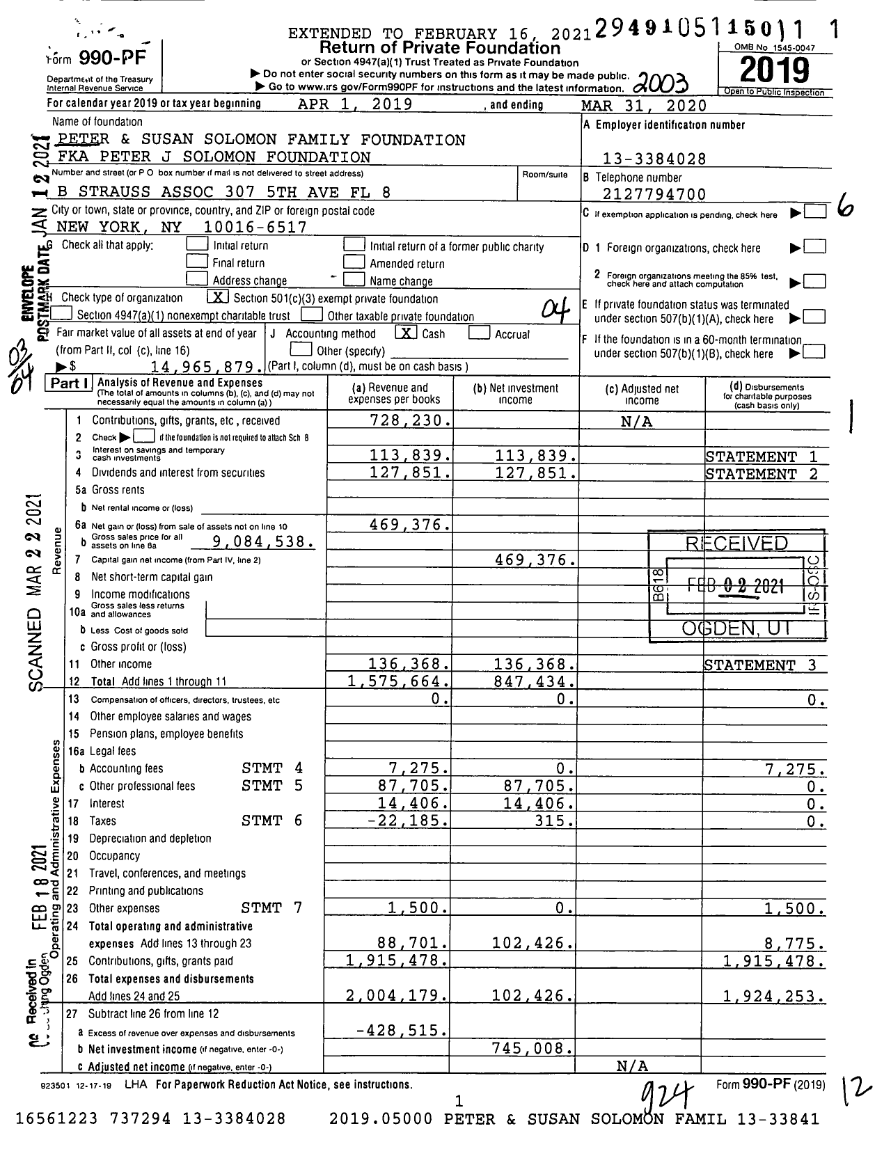 Image of first page of 2019 Form 990PF for Peter and Susan Solomon Family Foundation