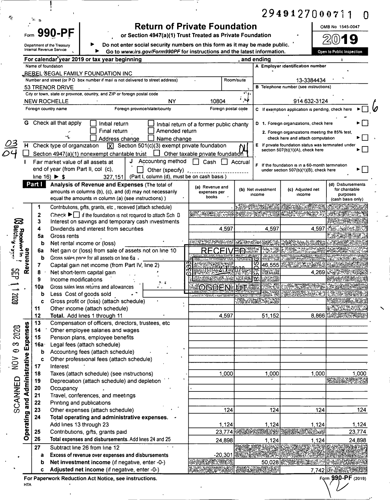 Image of first page of 2019 Form 990PF for Berel Segal Family Foundation