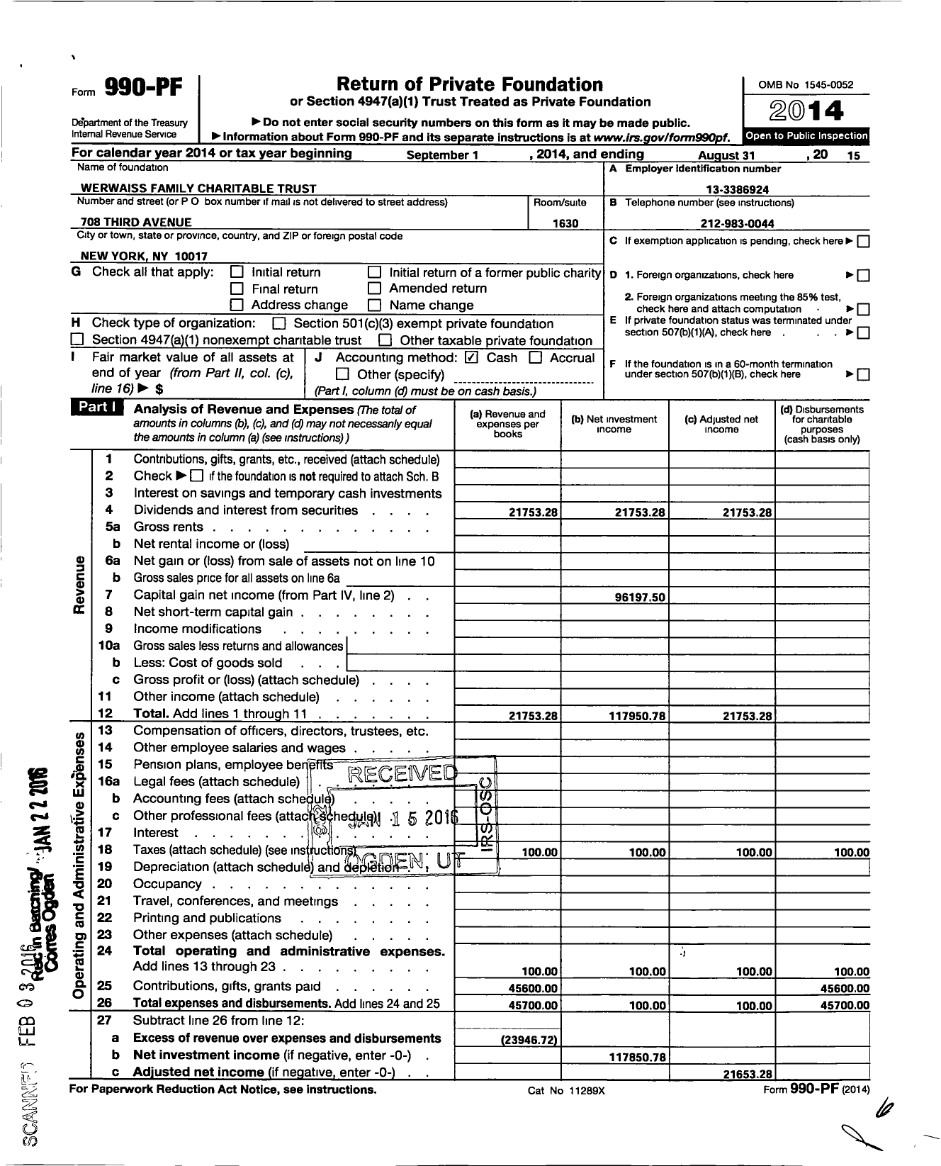 Image of first page of 2014 Form 990PF for Werwaiss Family Charitable Trust