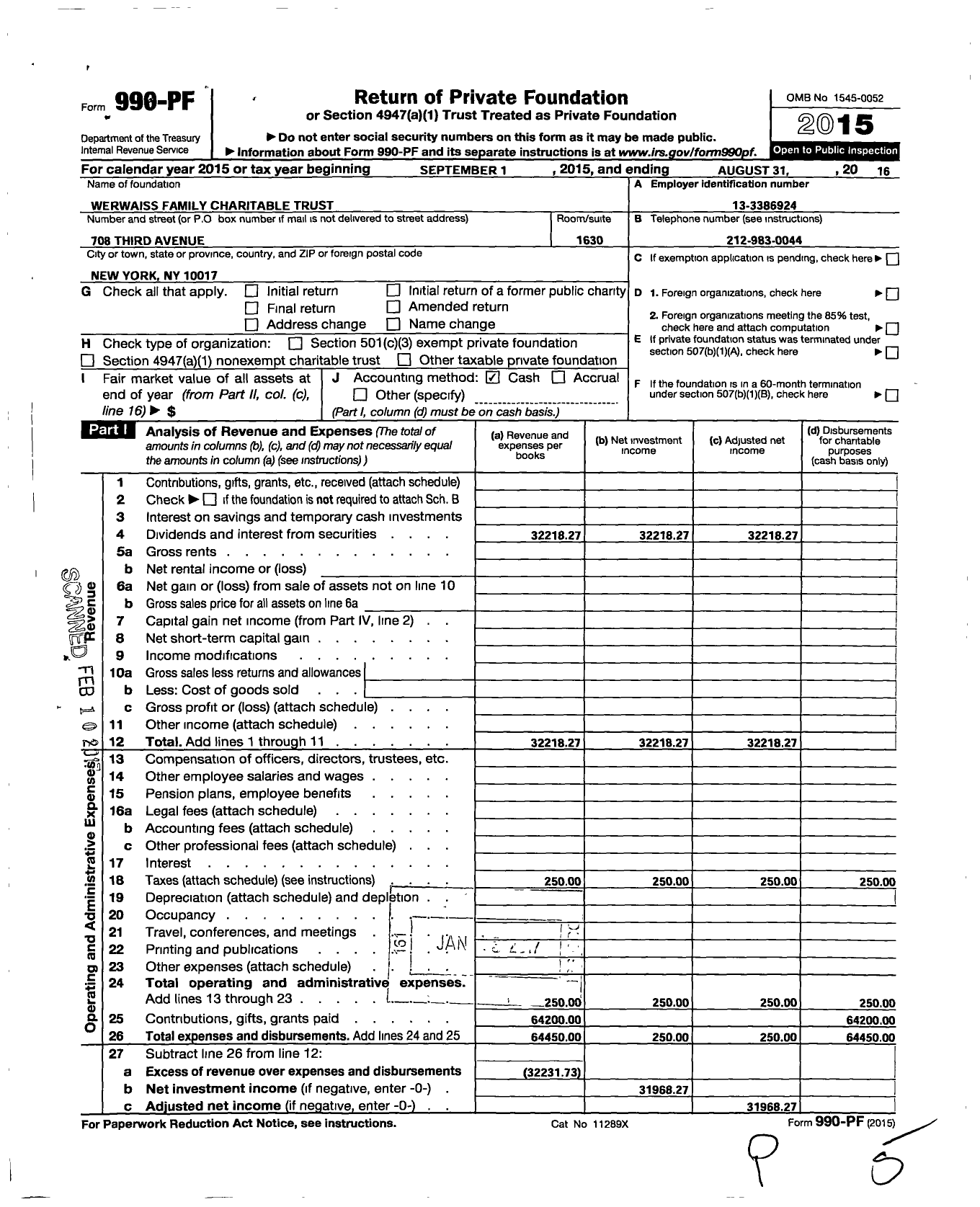 Image of first page of 2015 Form 990PF for Werwaiss Family Charitable Trust
