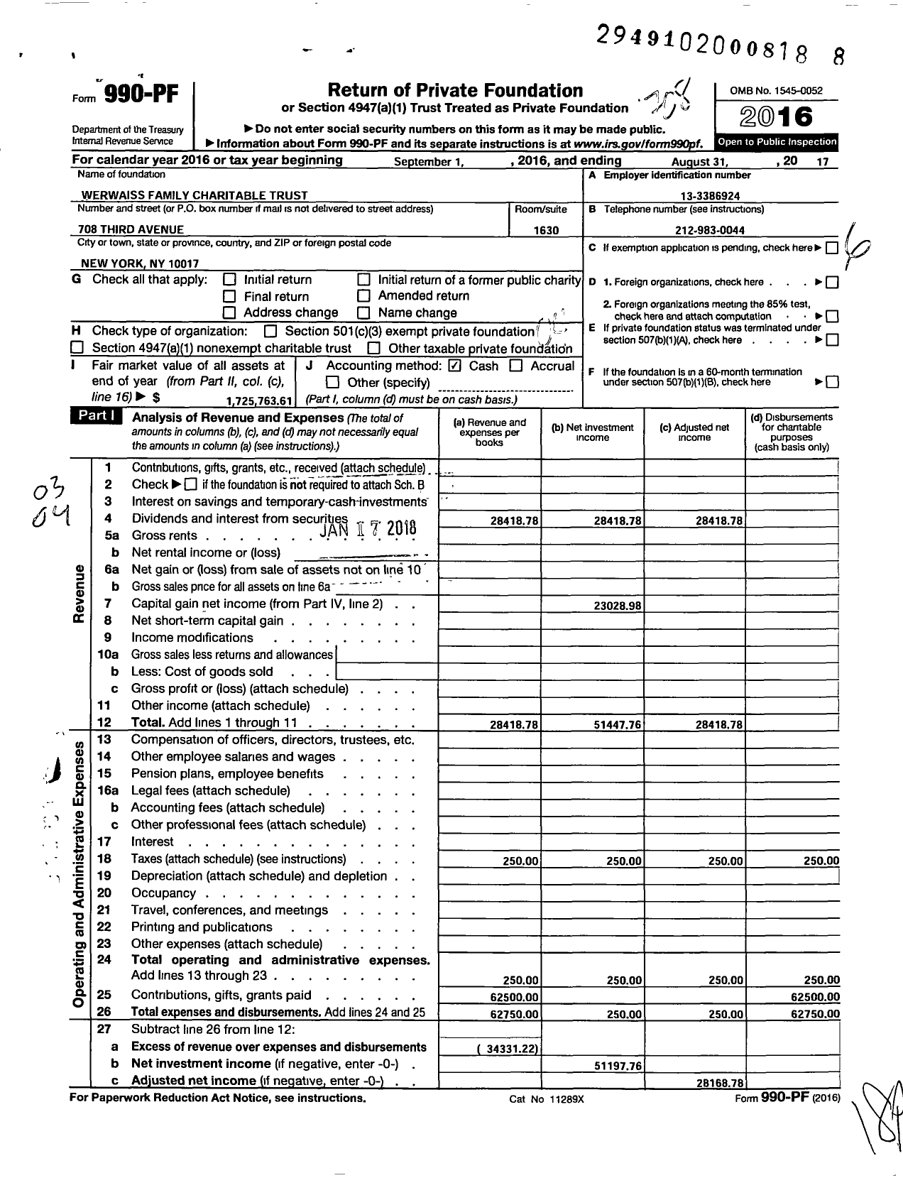 Image of first page of 2016 Form 990PF for Werwaiss Family Charitable Trust