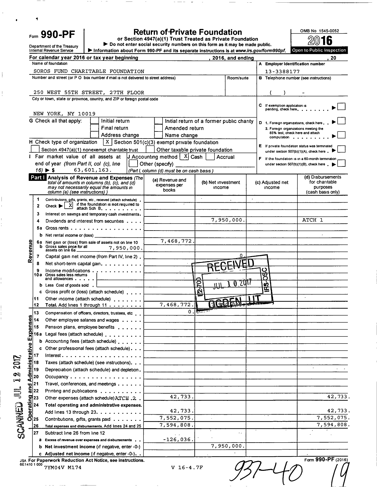 Image of first page of 2016 Form 990PF for Soros Fund Charitable Foundation