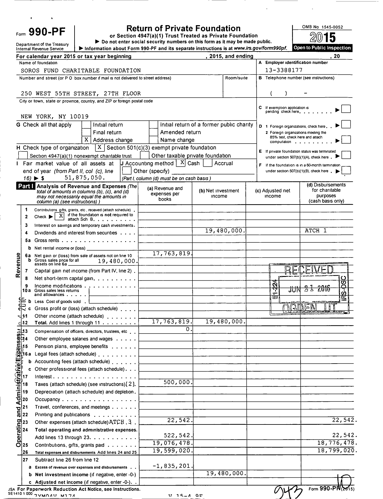 Image of first page of 2015 Form 990PF for Soros Fund Charitable Foundation